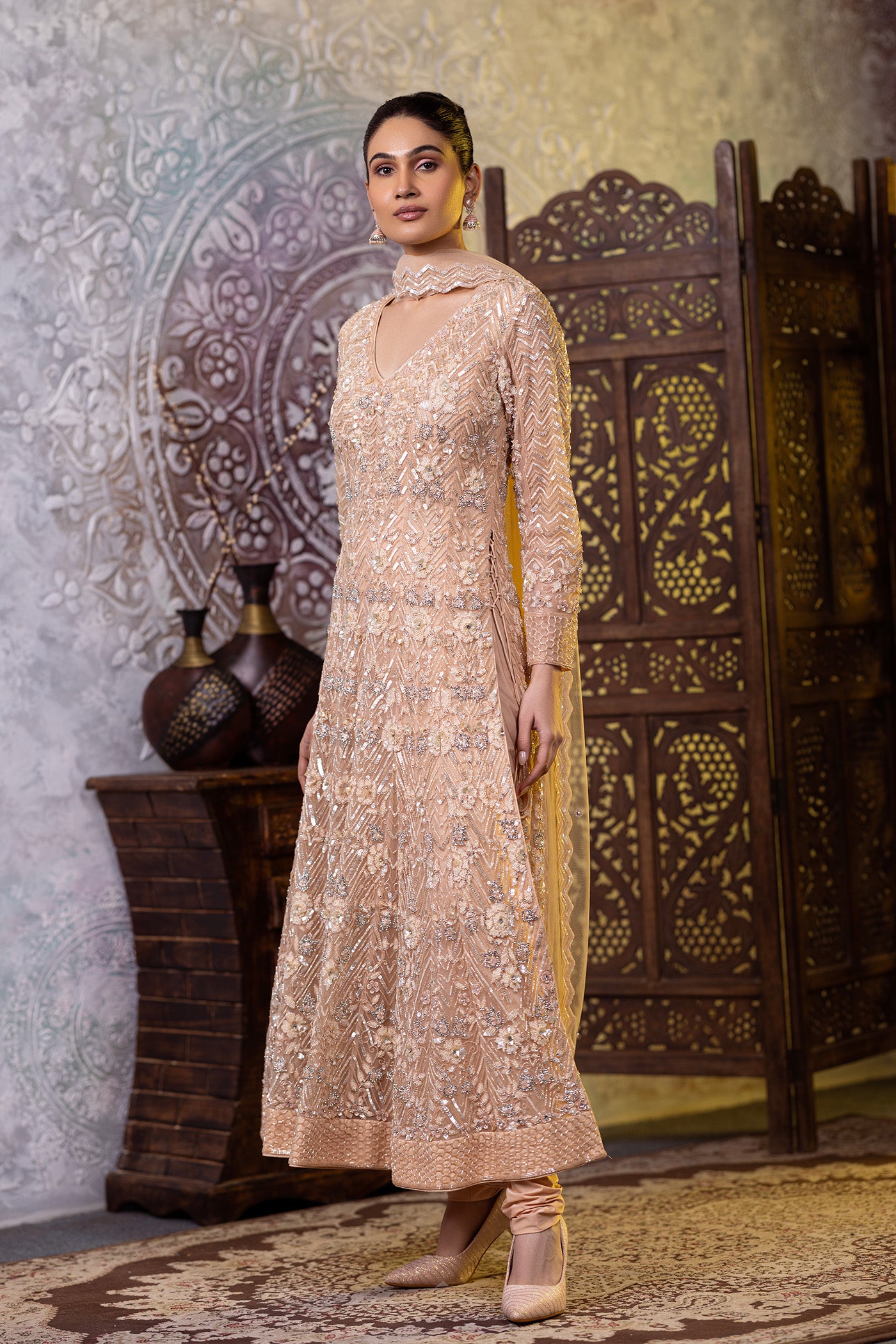 Cream sequins long shirt with chudidar