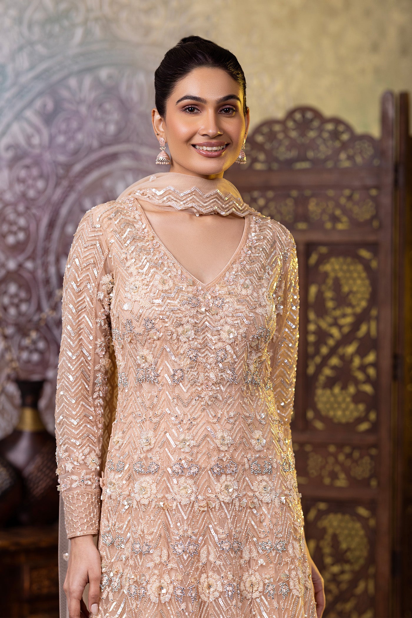 Cream sequins long shirt with chudidar