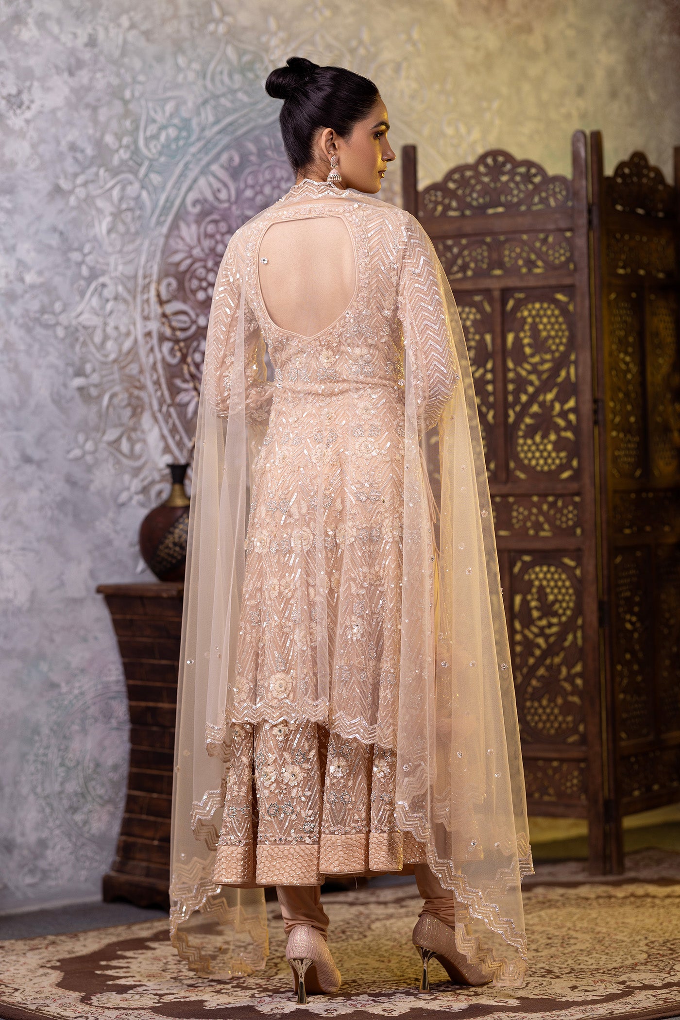 Cream sequins long shirt with chudidar