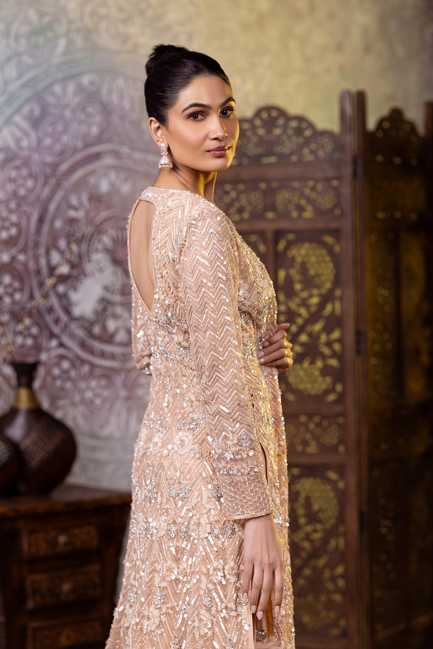 Cream sequins long shirt with chudidar