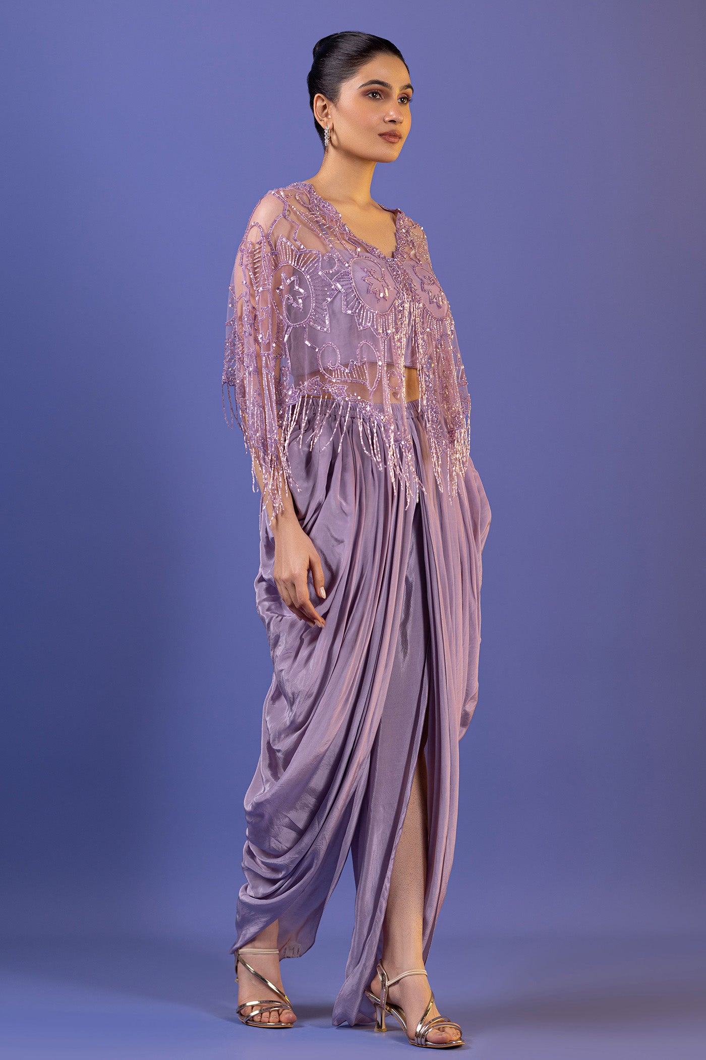 Crepe Bustier With Poncho And Dhoti