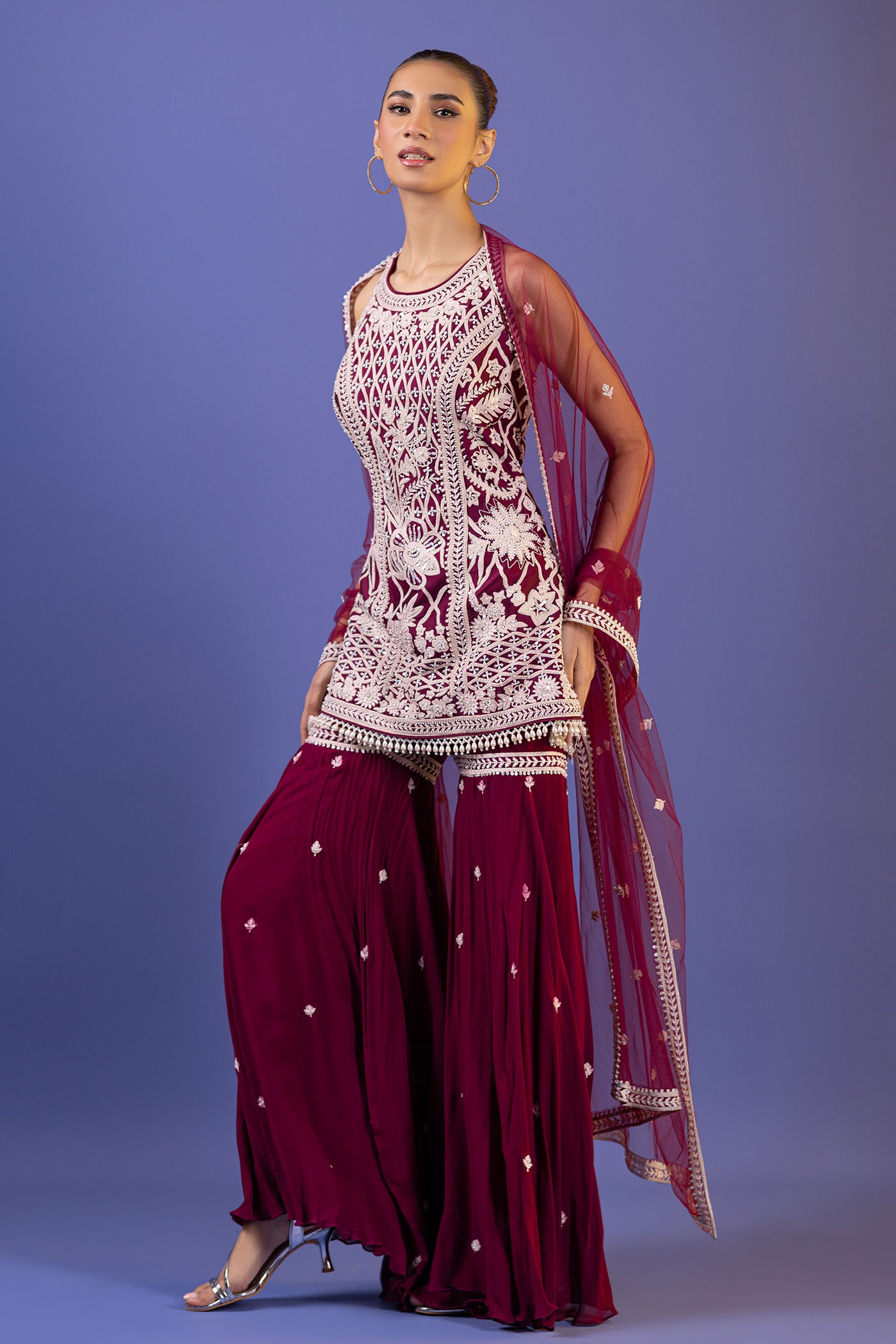 Wine Short Shirt With Gharara And Dupatta