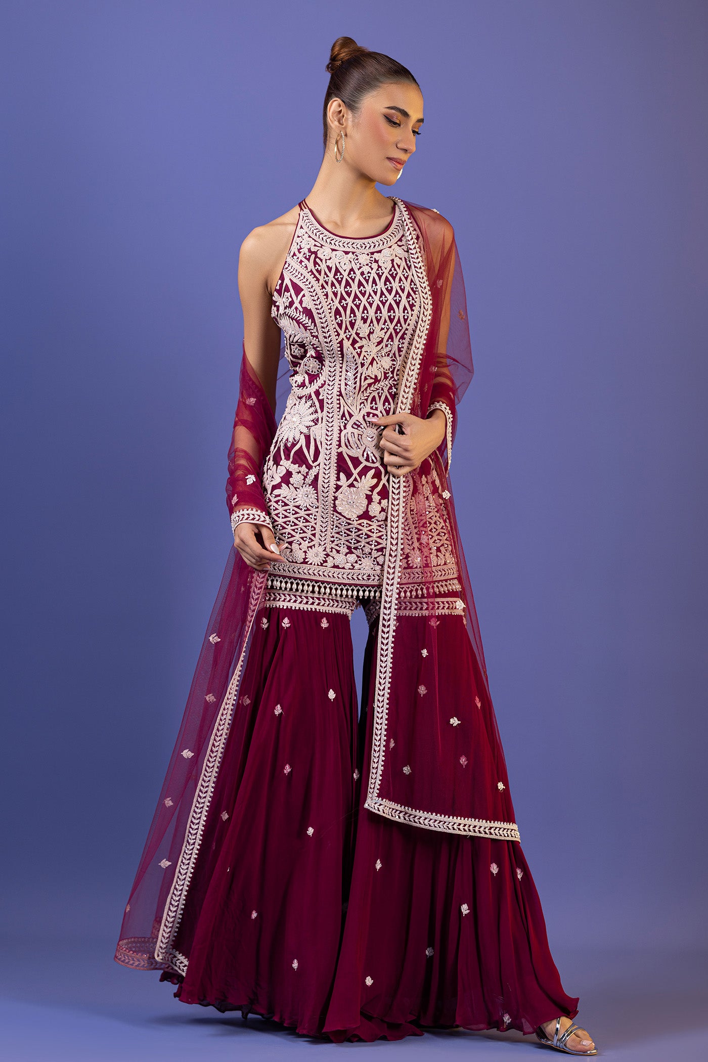 Wine Short Shirt With Gharara And Dupatta