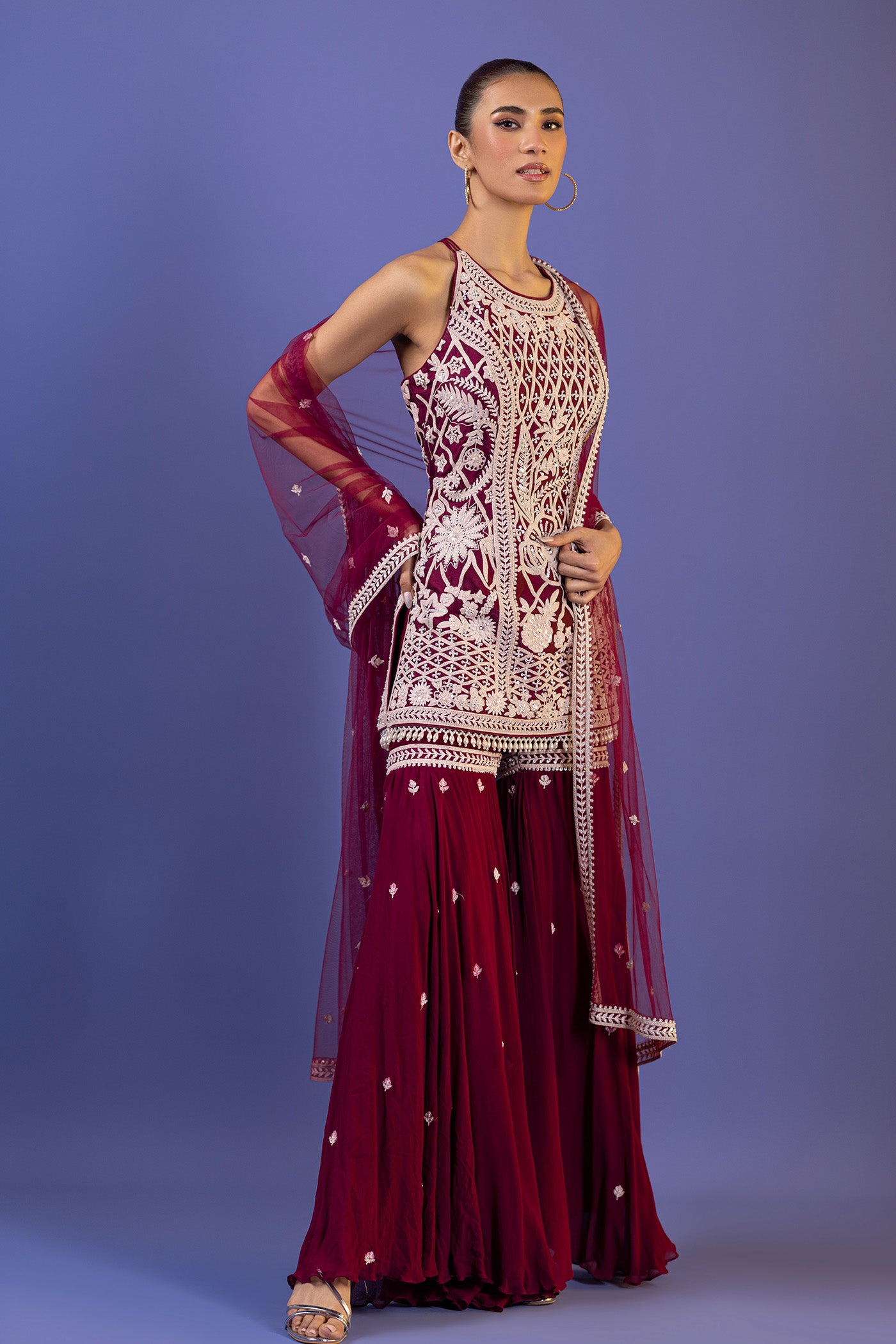 Wine Short Shirt With Gharara And Dupatta