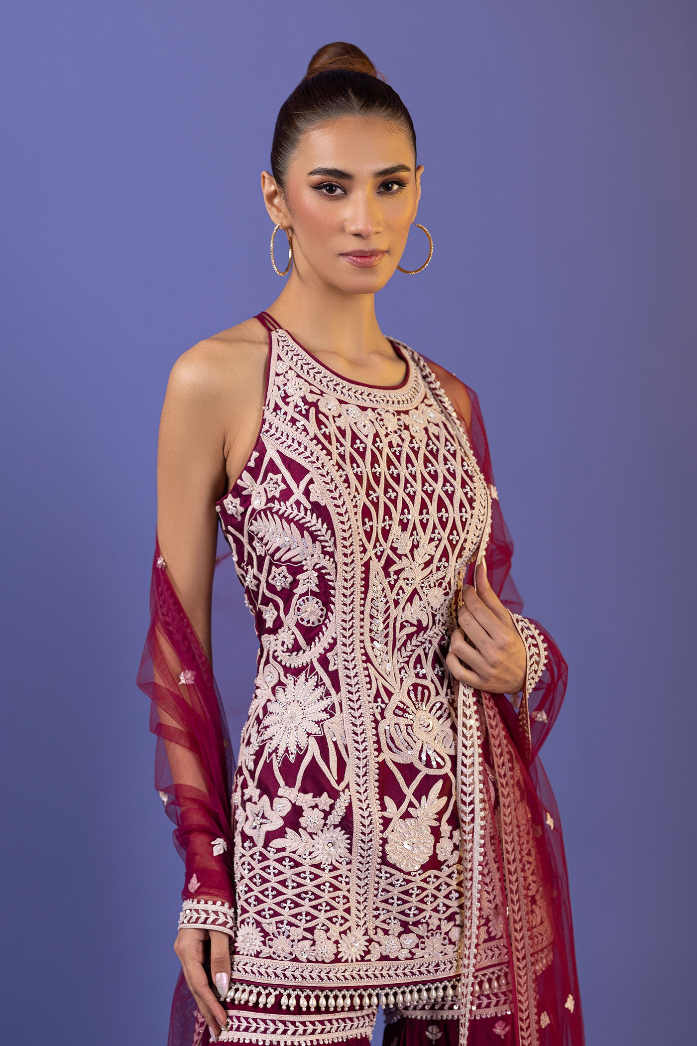 Wine Short Shirt With Gharara And Dupatta