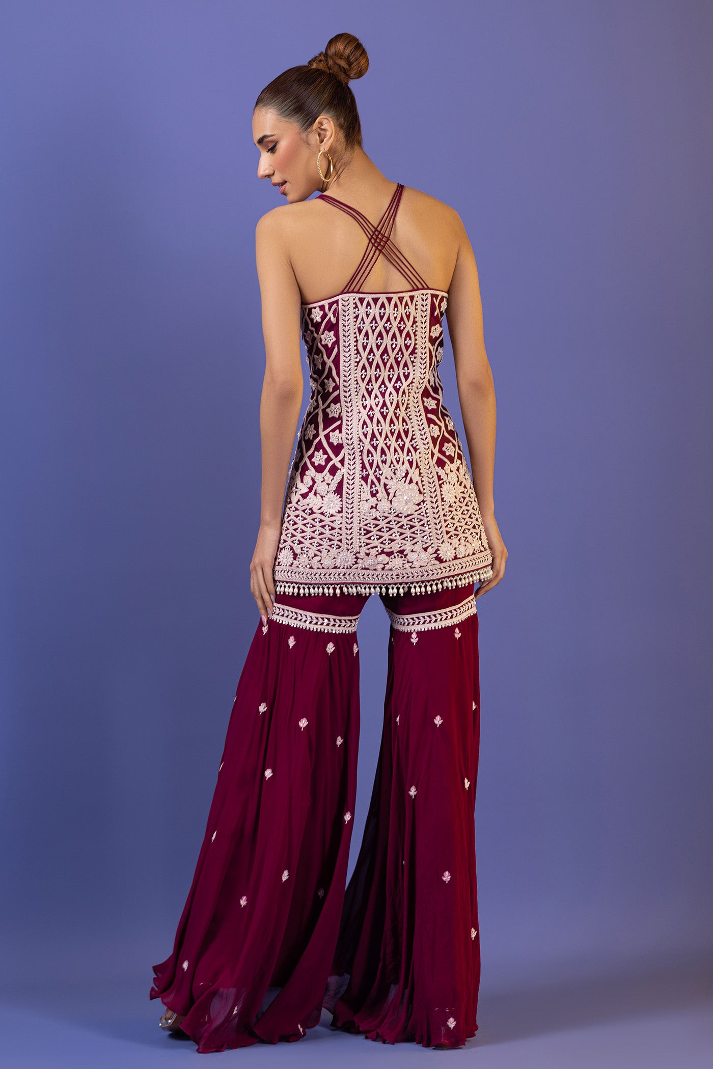 Wine Short Shirt With Gharara And Dupatta