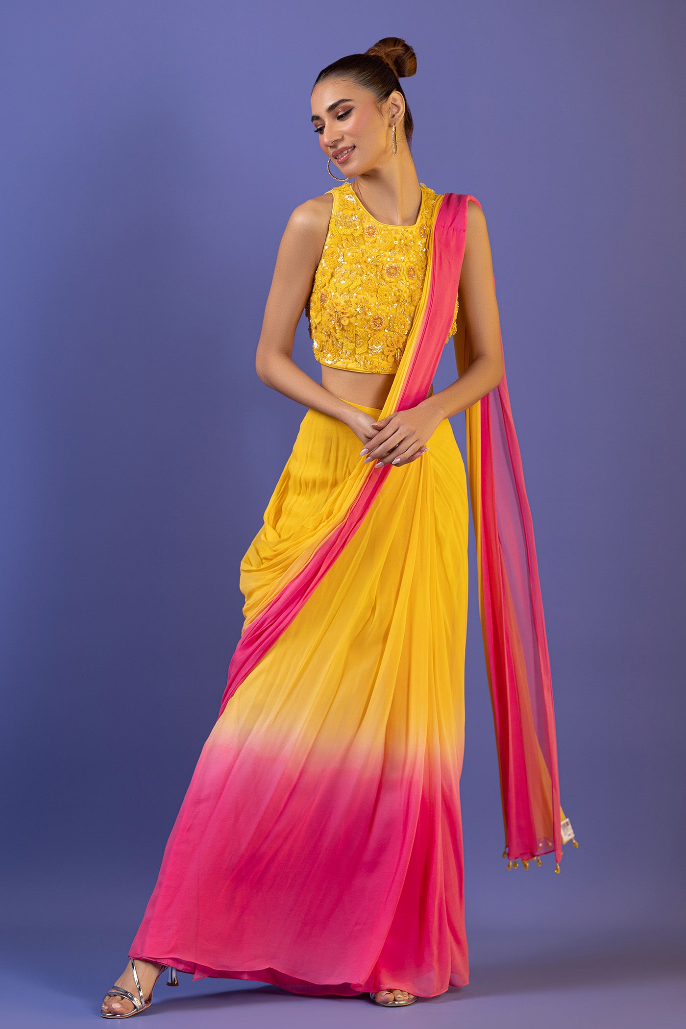 Pink Georgette Drape Saree With Cutdana And Pearl