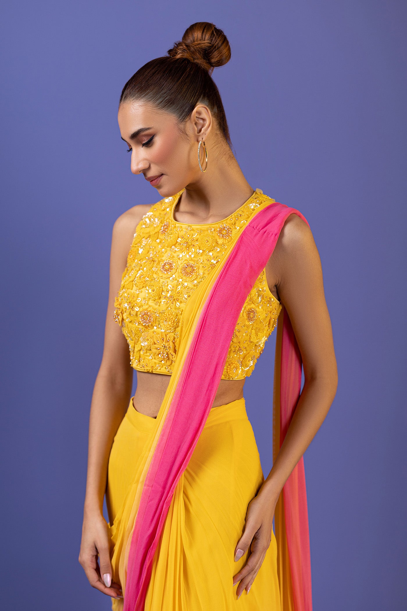 Pink Georgette Drape Saree With Cutdana And Pearl