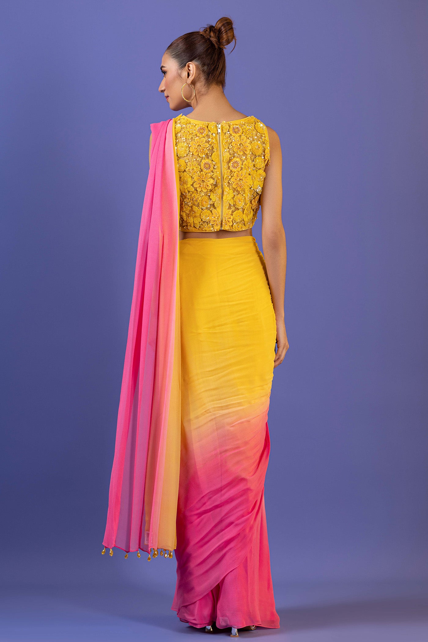 Pink Georgette Drape Saree With Cutdana And Pearl