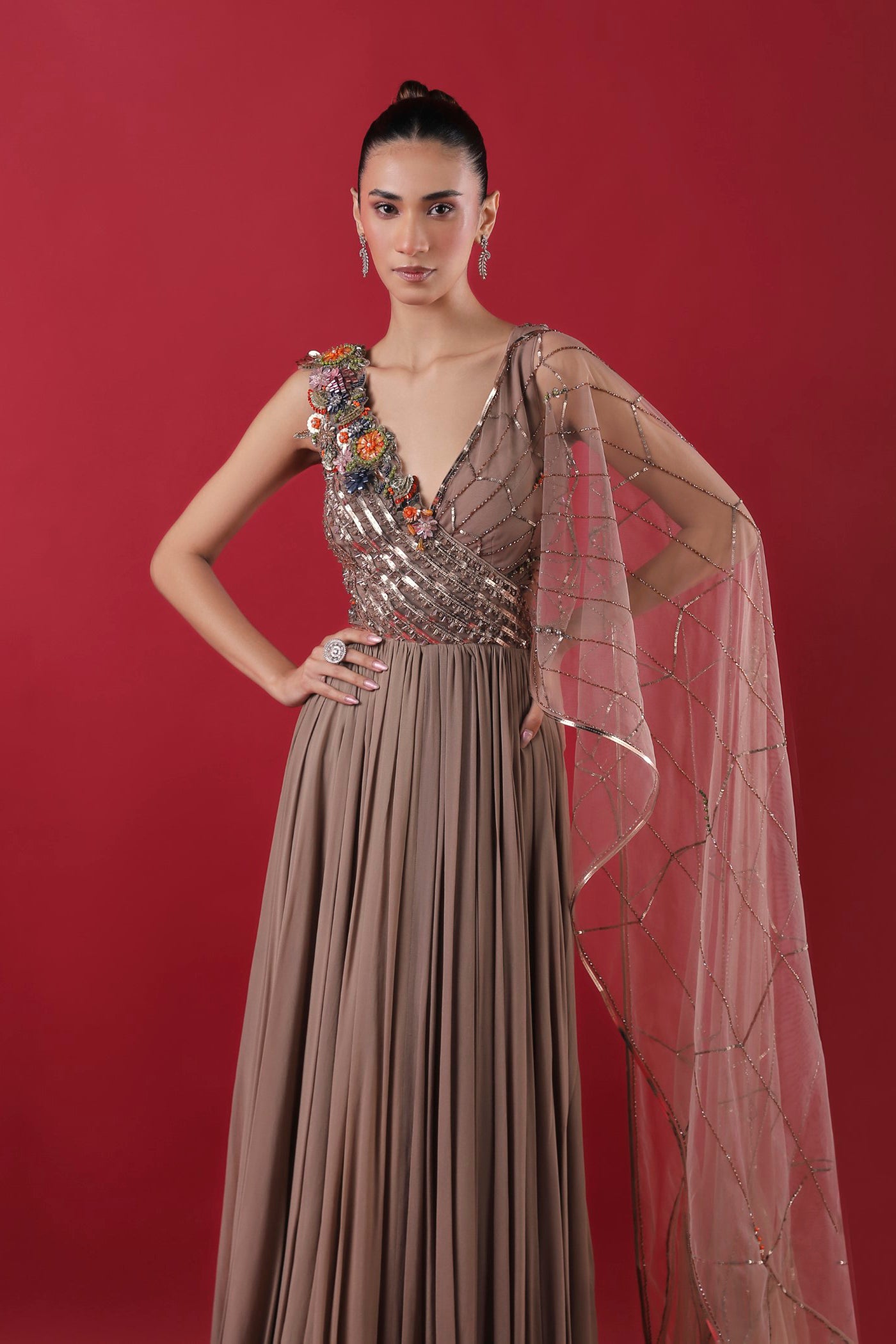 Mouse Grey Long Dress With Multicolour Crystal