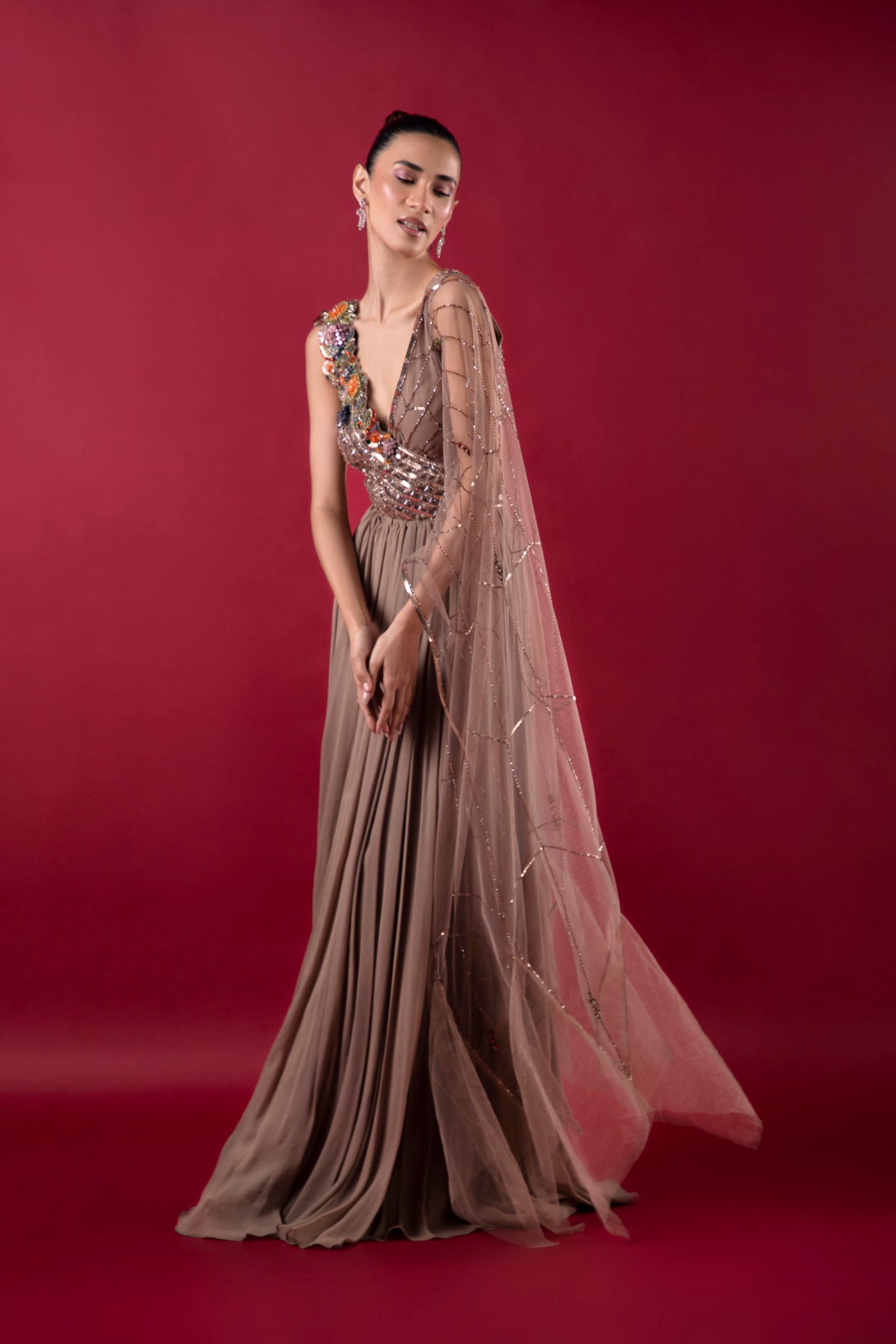 Mouse Grey Long Dress With Multicolour Crystal Mouse Grey Long Dress With Multicolour Crystal