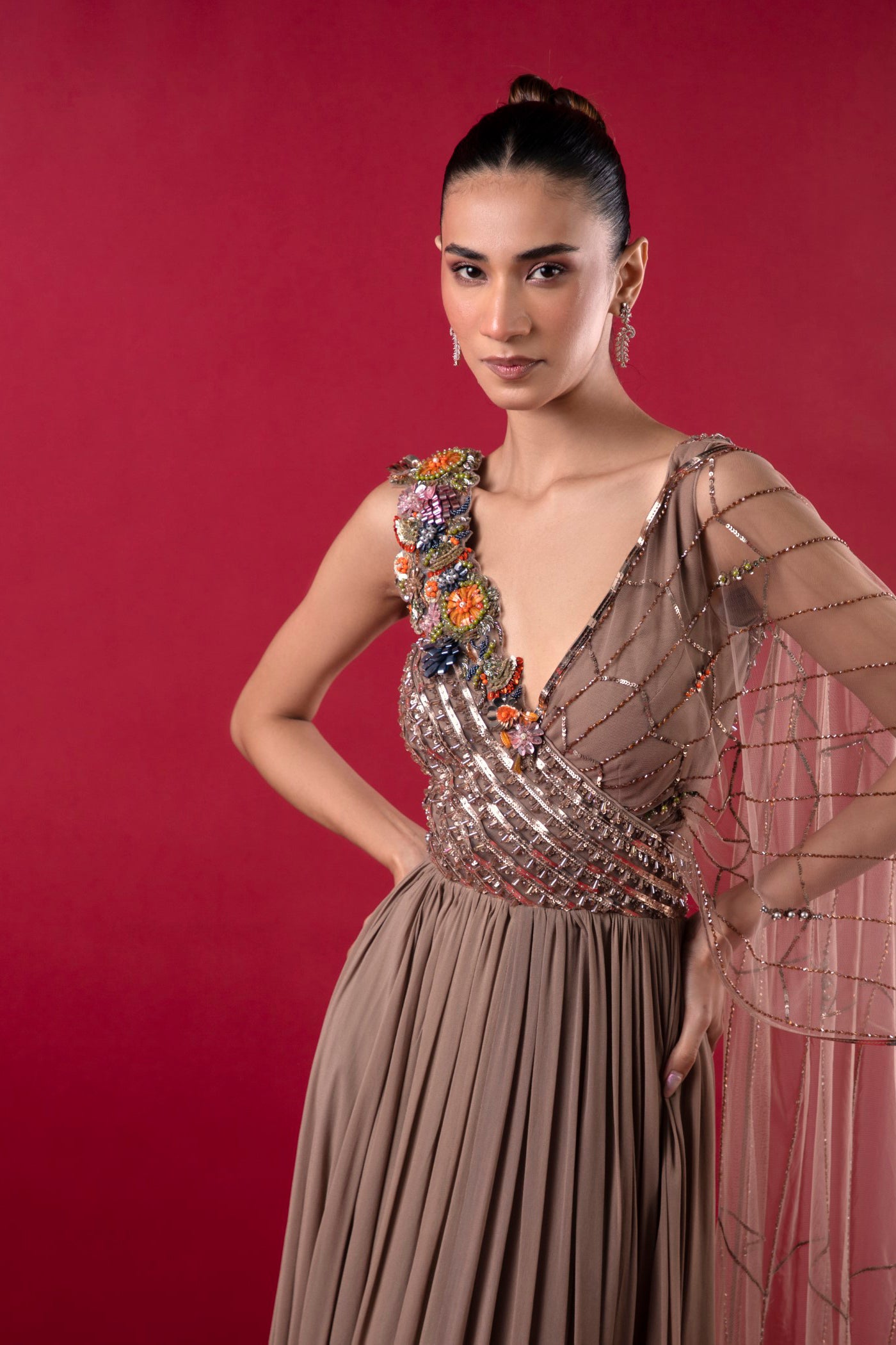 Mouse Grey Long Dress With Multicolour Crystal
