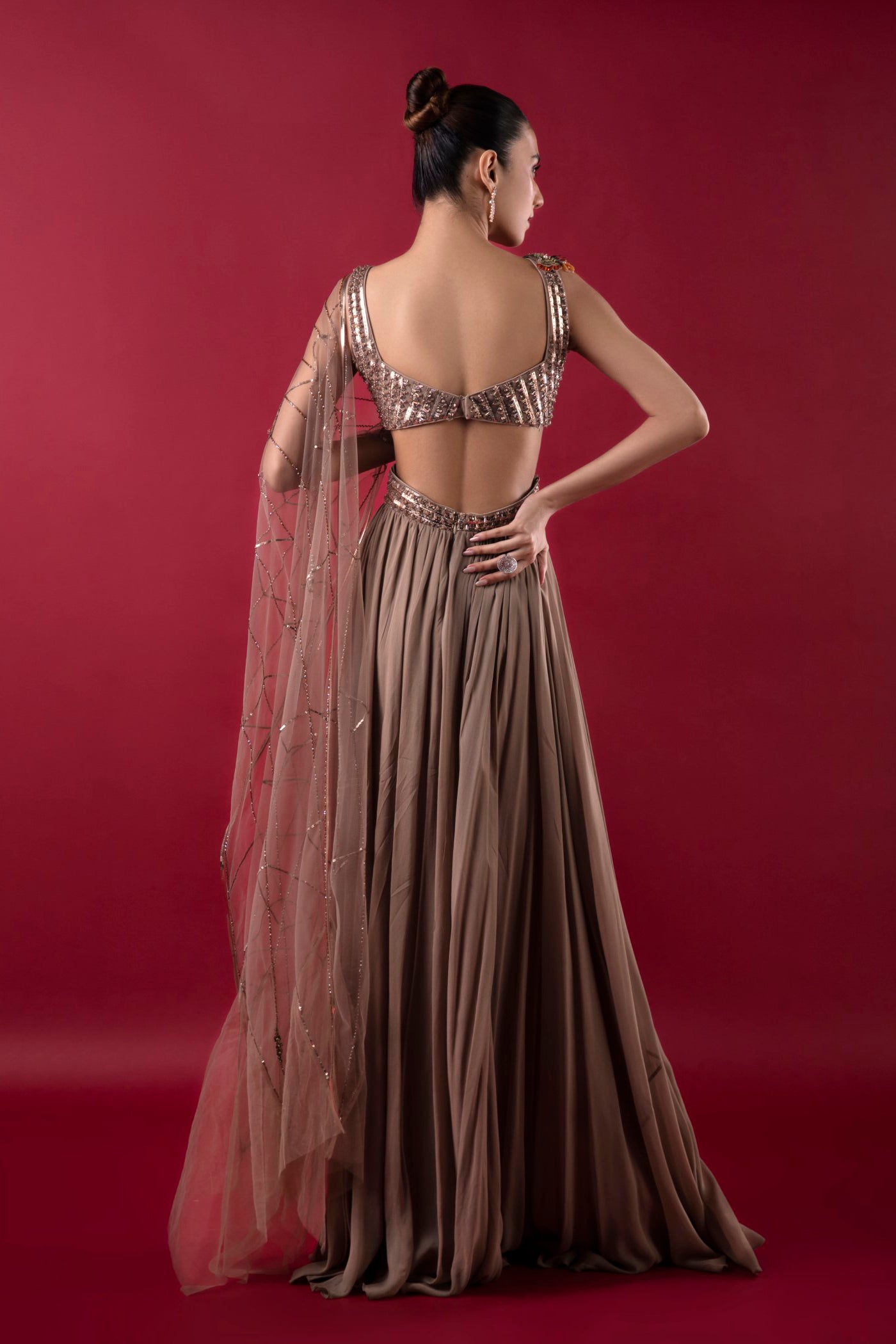 Mouse Grey Long Dress With Multicolour Crystal