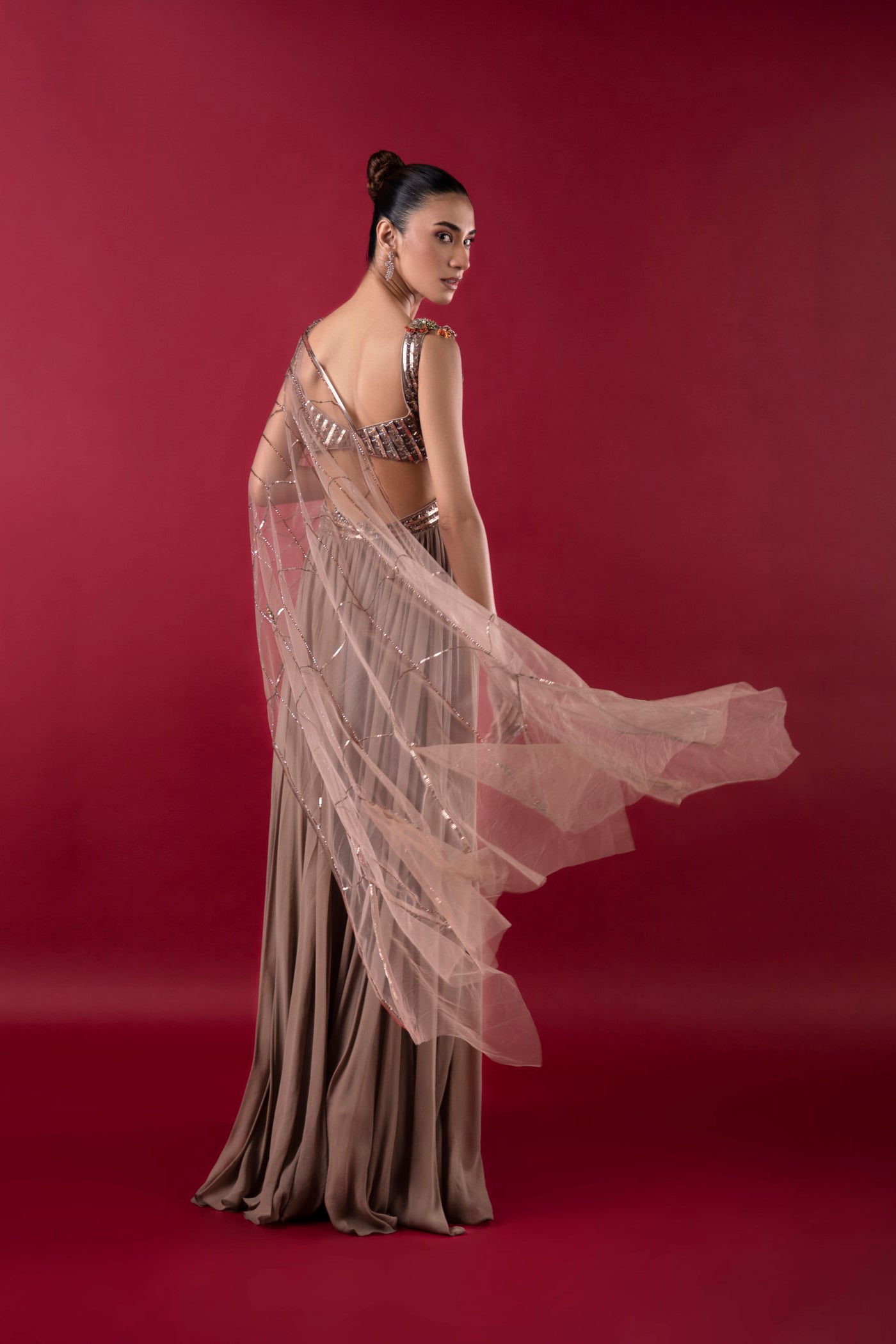 Mouse Grey Long Dress With Multicolour Crystal