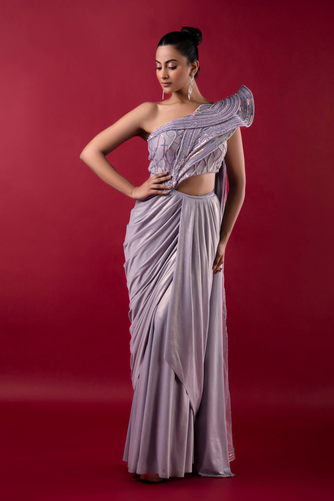 Grey Drape Saree With Cutdana And Sequins