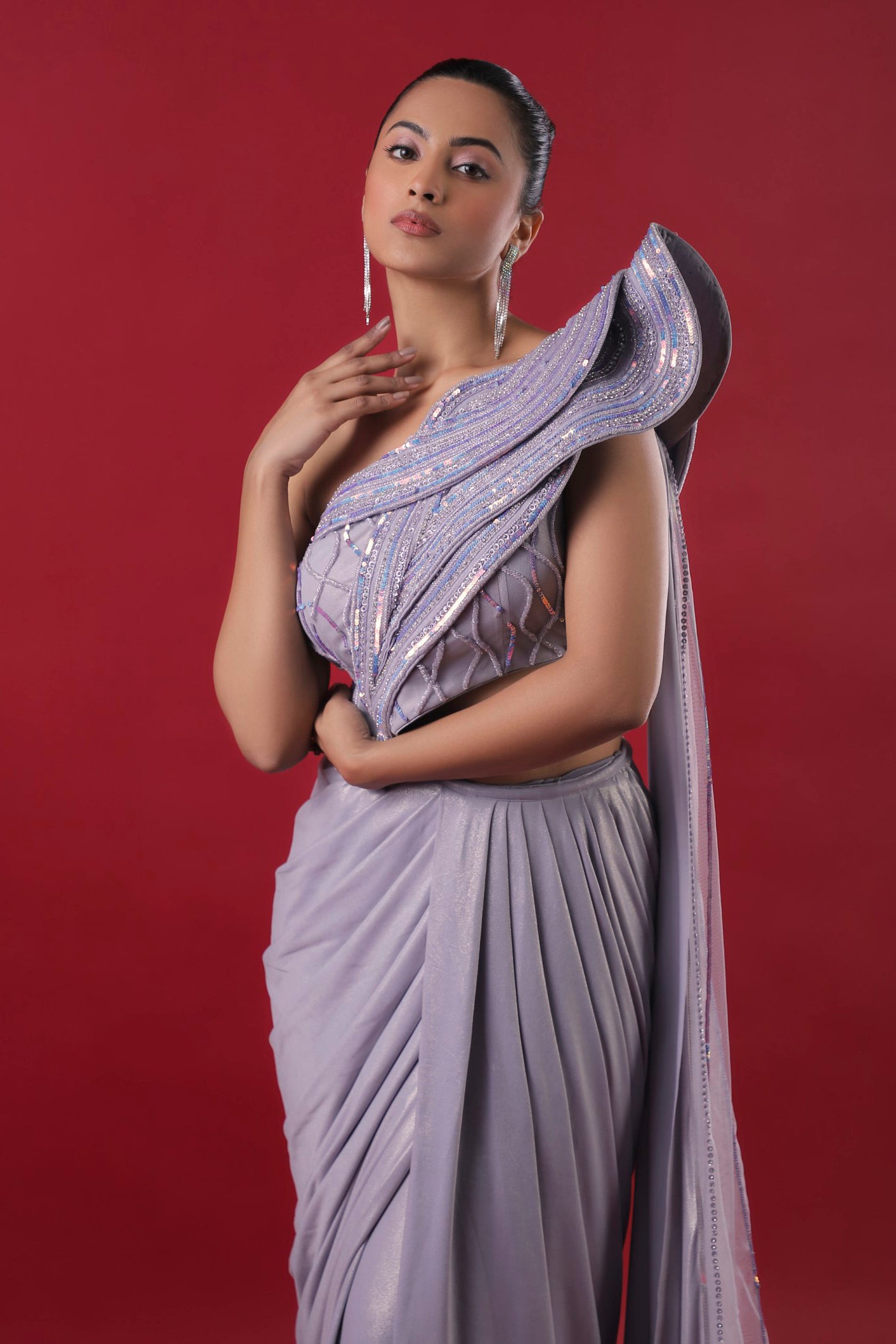 Grey Drape Saree With Cutdana And Sequins