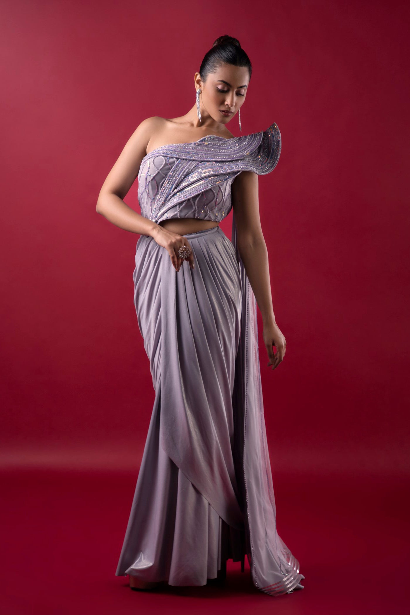 Grey Drape Saree With Cutdana And Sequins