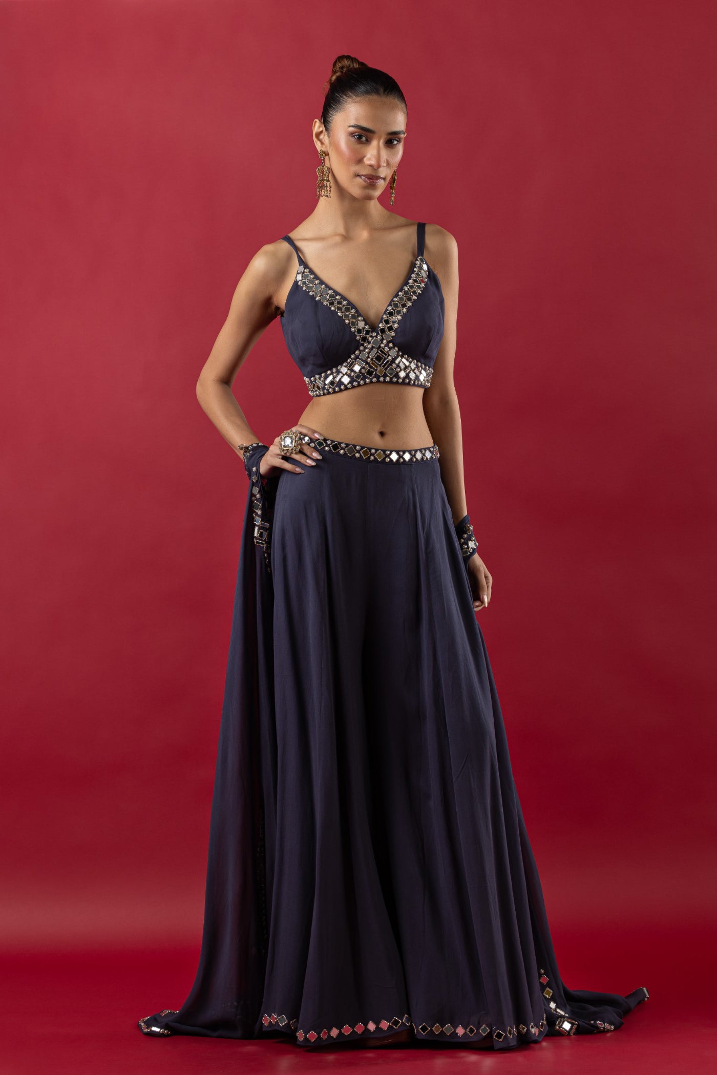 Steel Grey Georgette Mirror Work Crop Top And Sharara