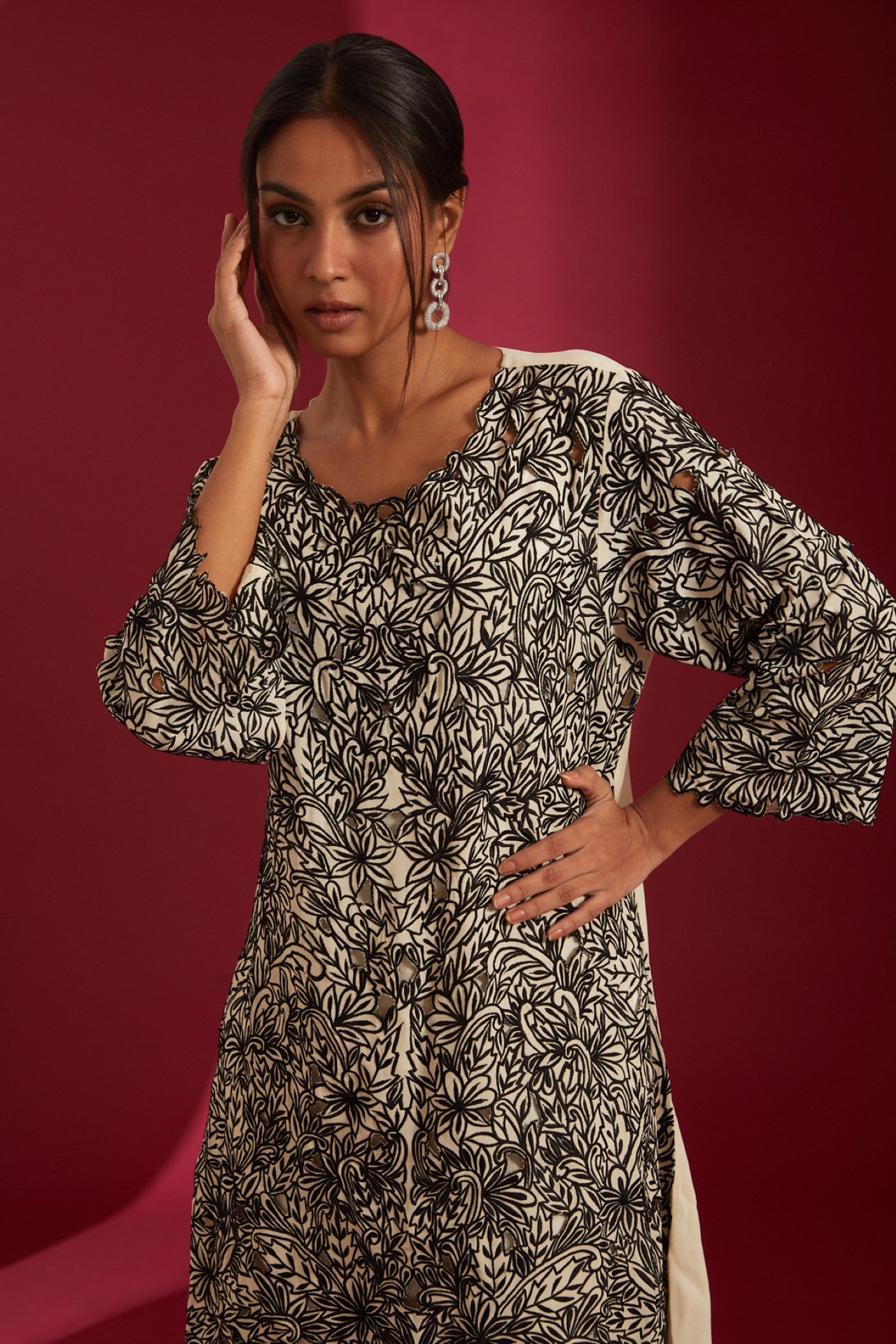 Ivory with Black machine work Embroidered Georgette Co-Ord Set