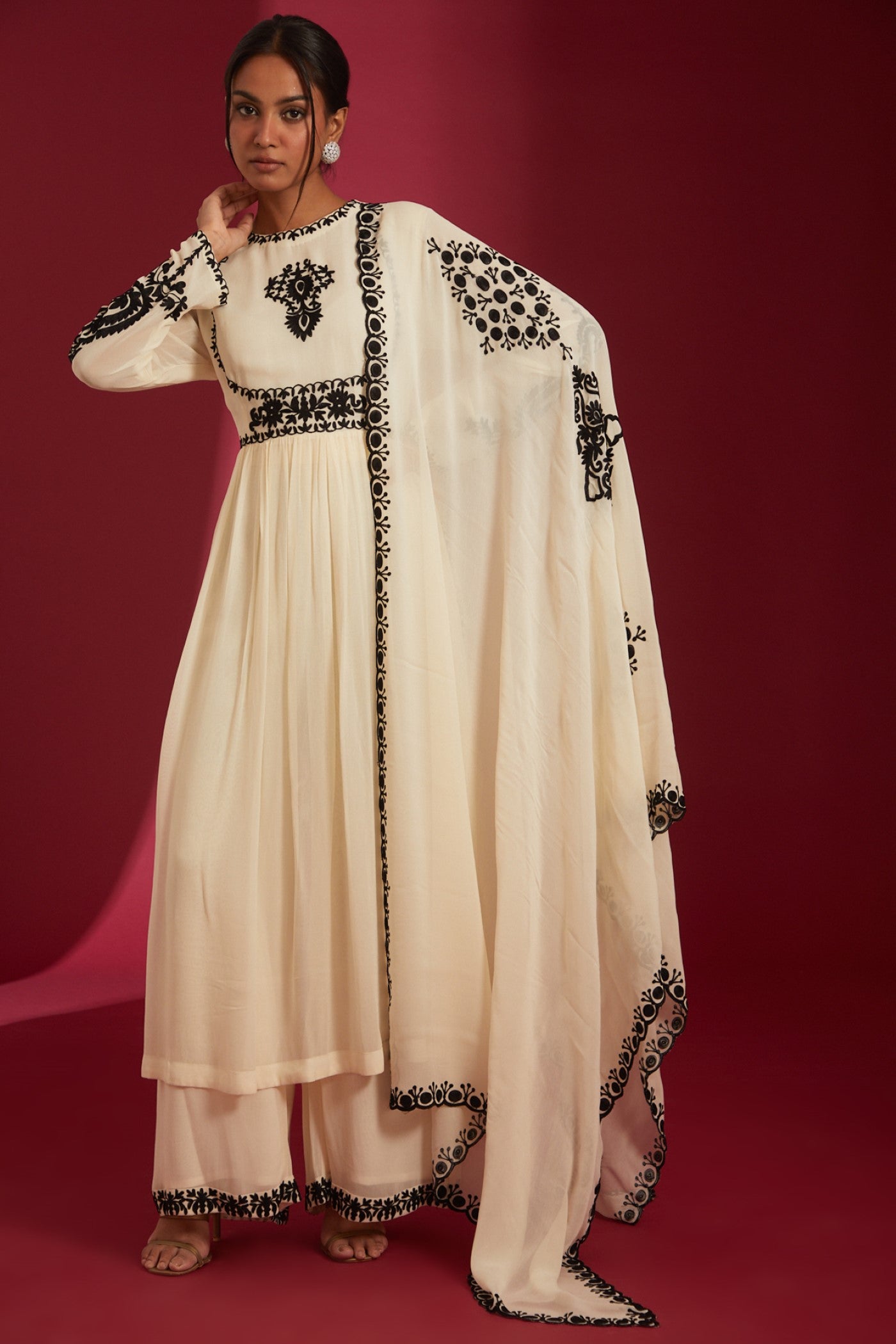 Ivory with Black aari Embroidered Georgette Co-Ord Set