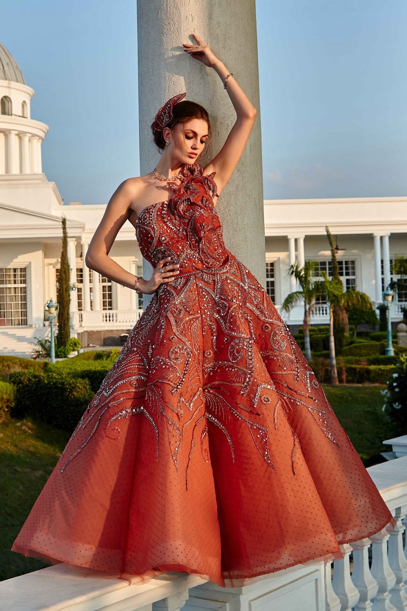 Savana Feather One-Shoulder Embroidered Gown
