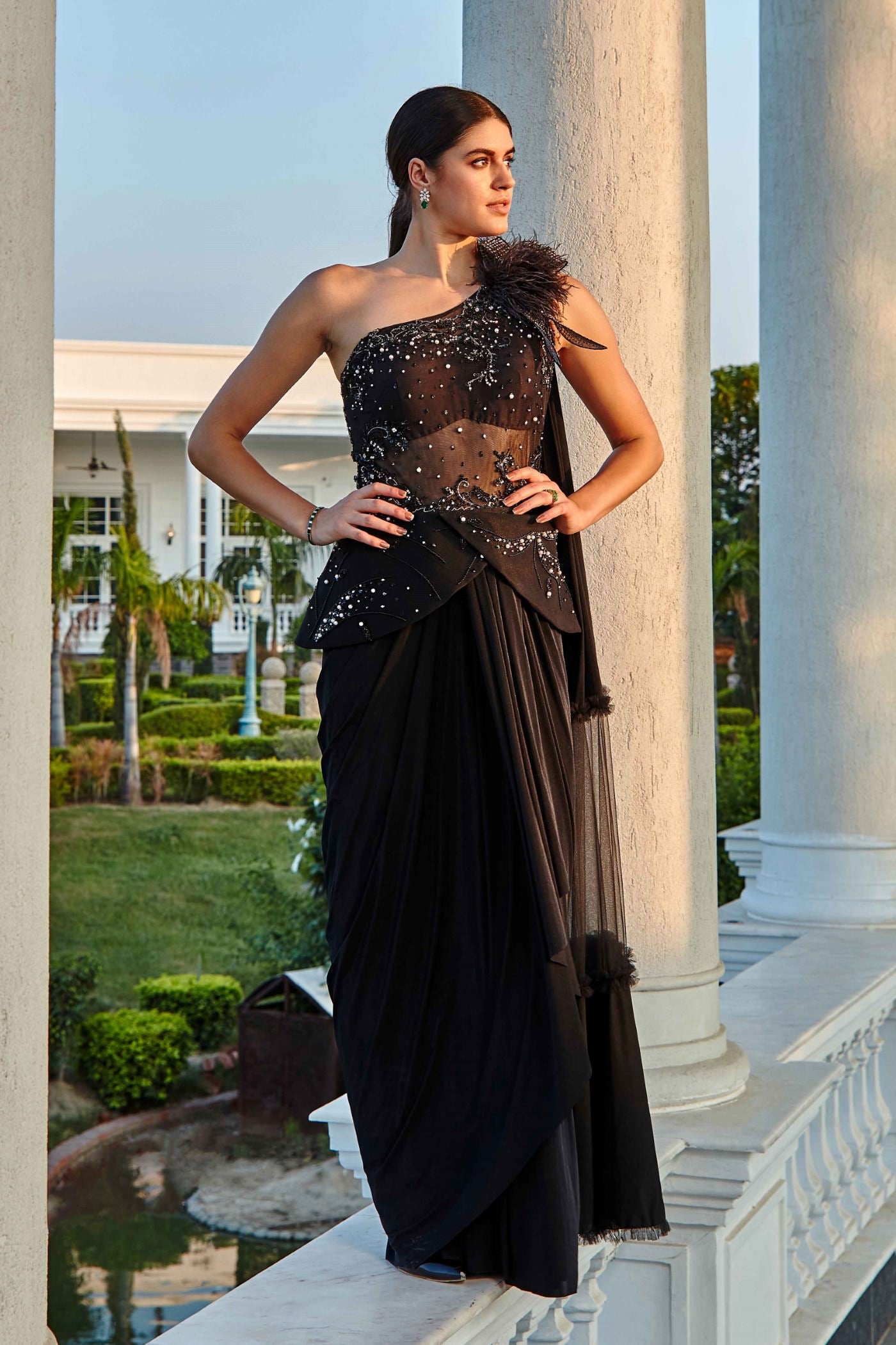 Bistro Black One Shoulder Draped Saree