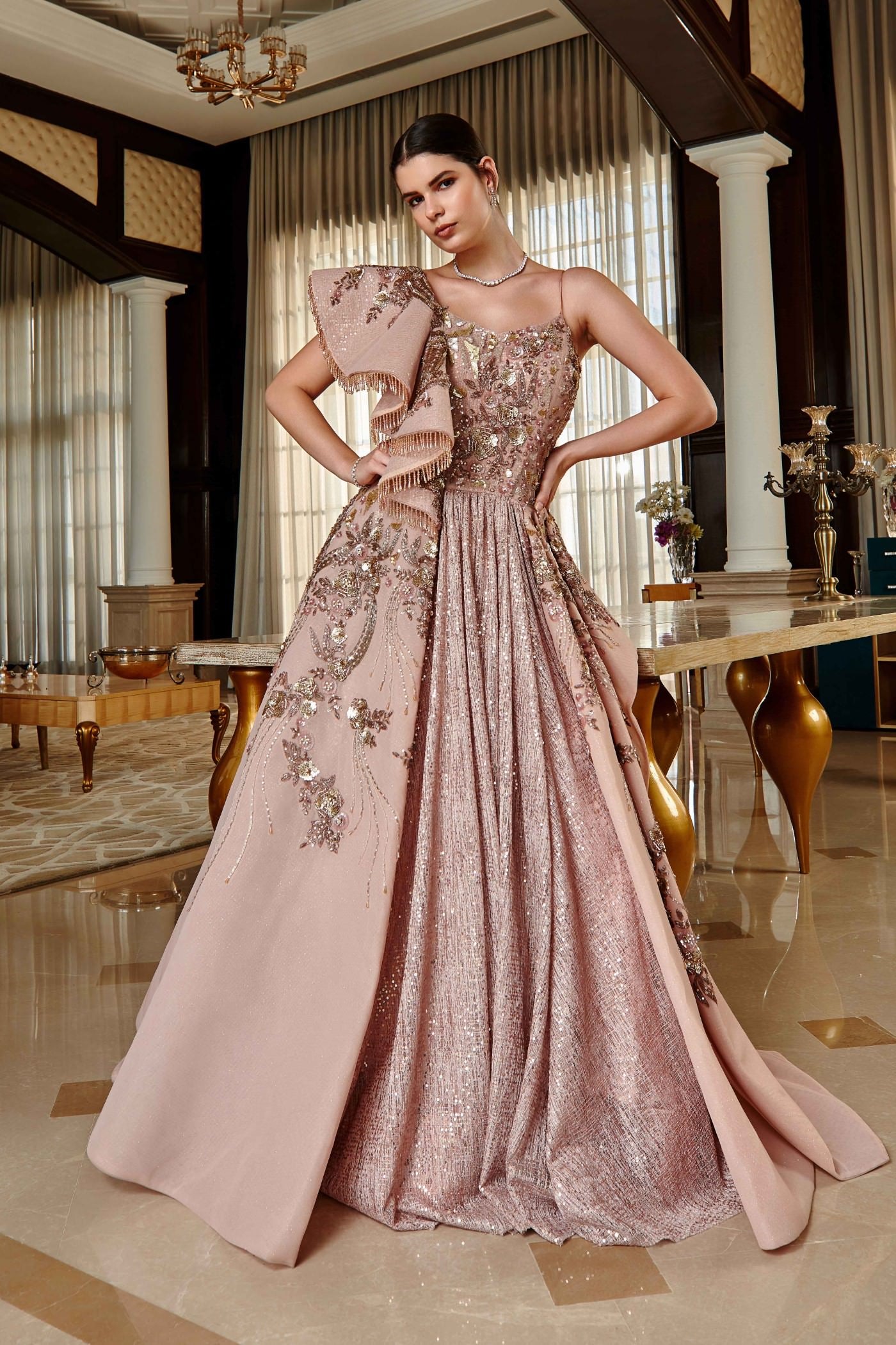 Charlote Peach Glided Embroidered Gown