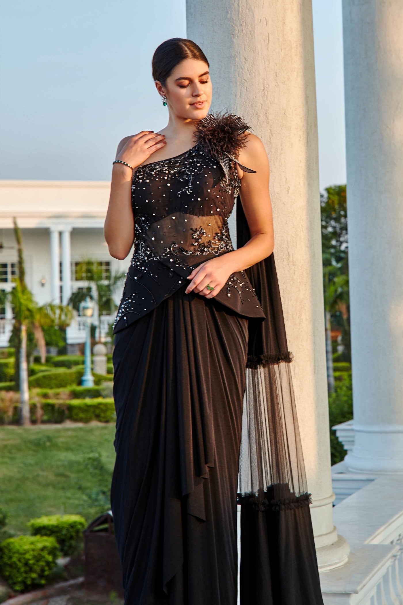 Bistro Black One Shoulder Draped Saree