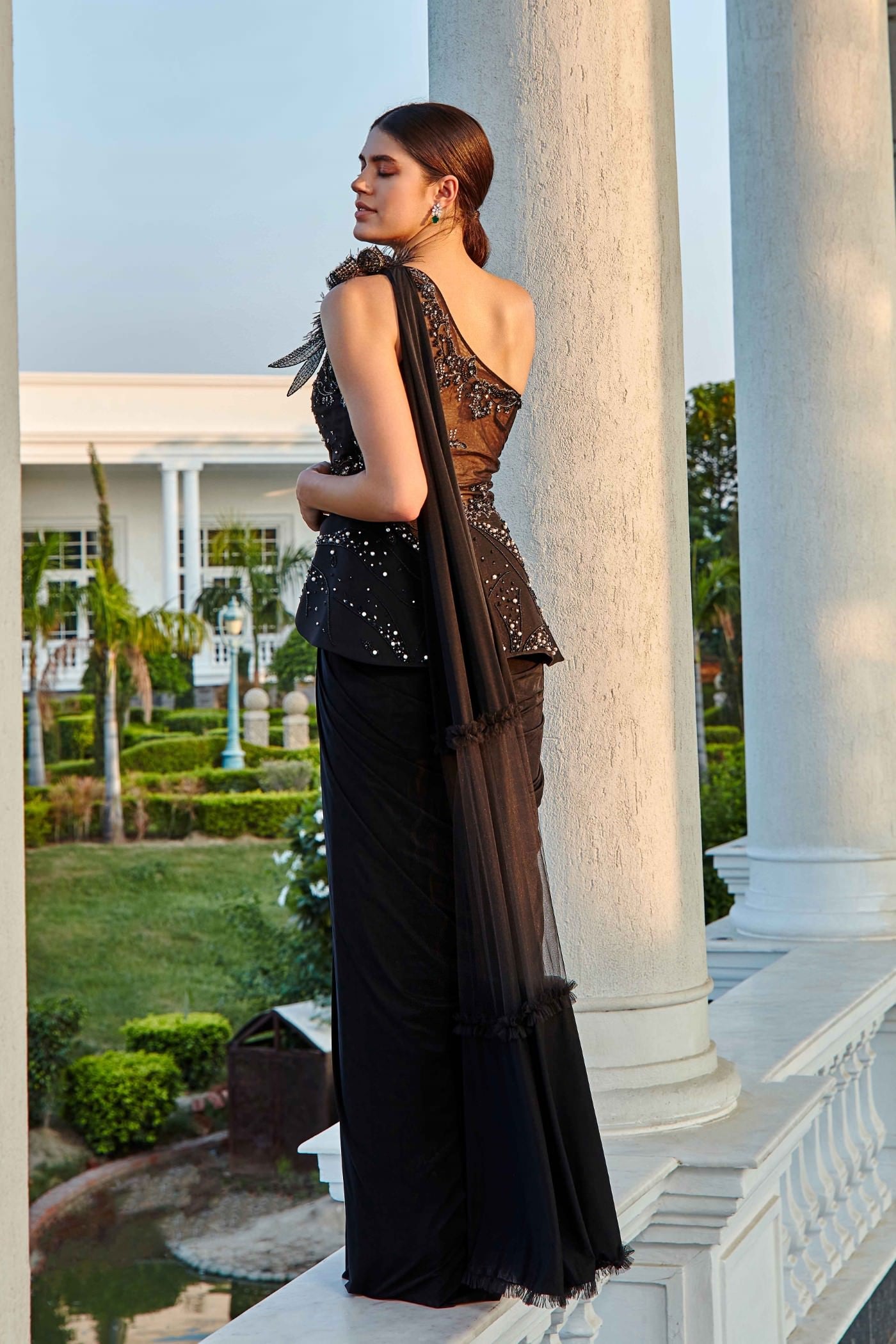 Bistro Black One Shoulder Draped Saree