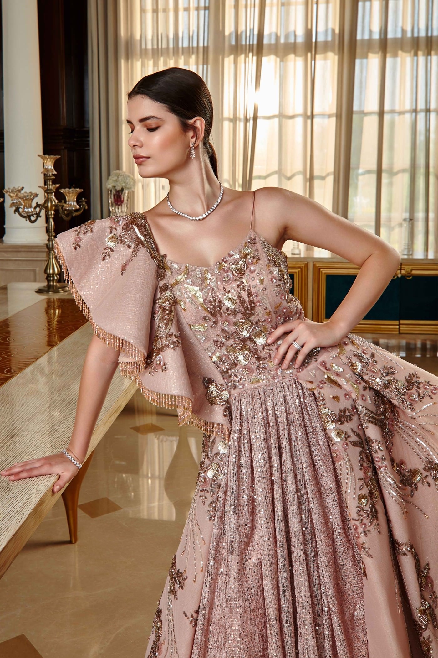 Charlote Peach Glided Embroidered Gown