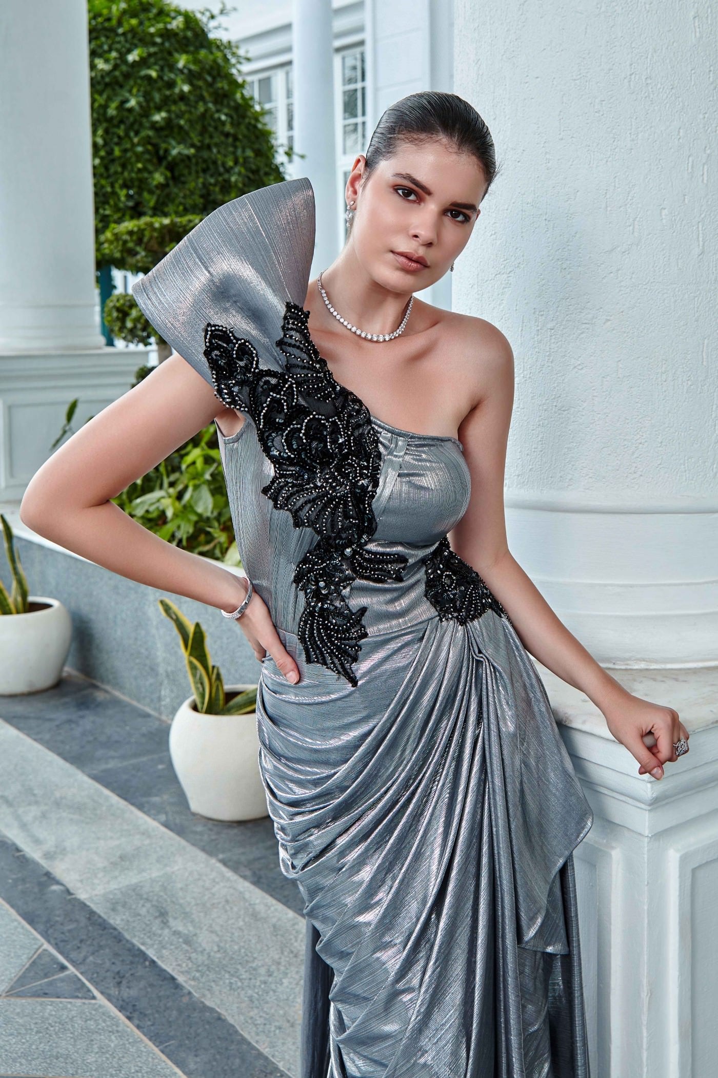 Metallic Bow One-Shoulder Gown