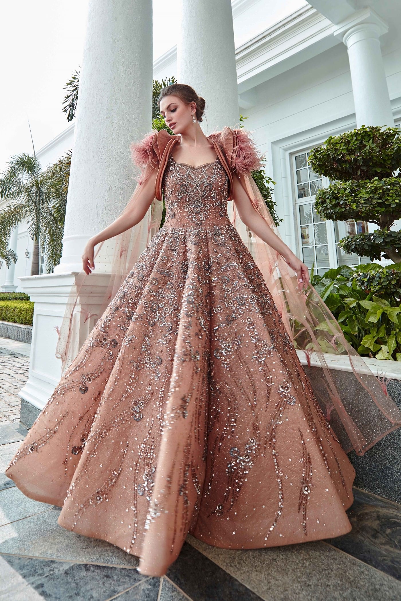 Willow Champagne Gold Feather Embroidered Gown