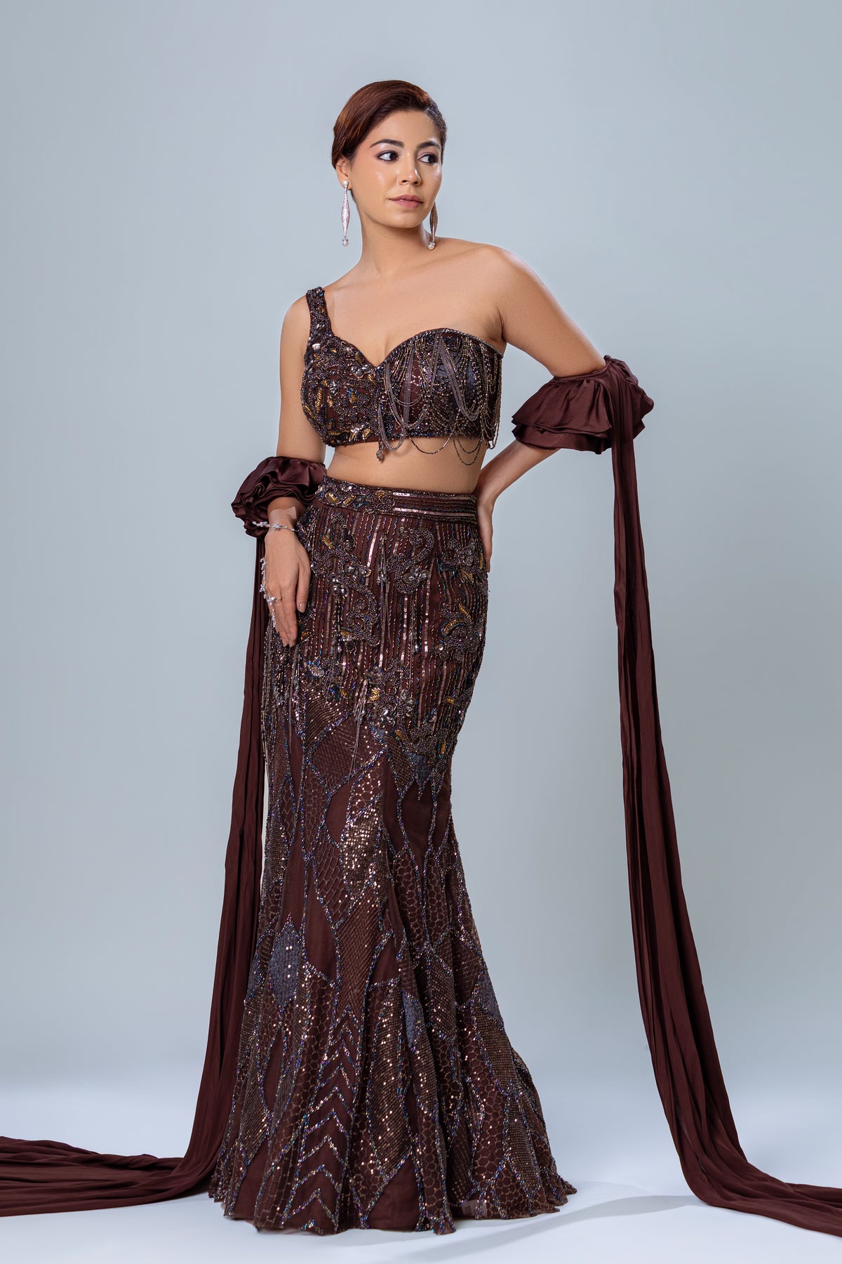 Fishcut skirt with short blouse and ruffle dupatta