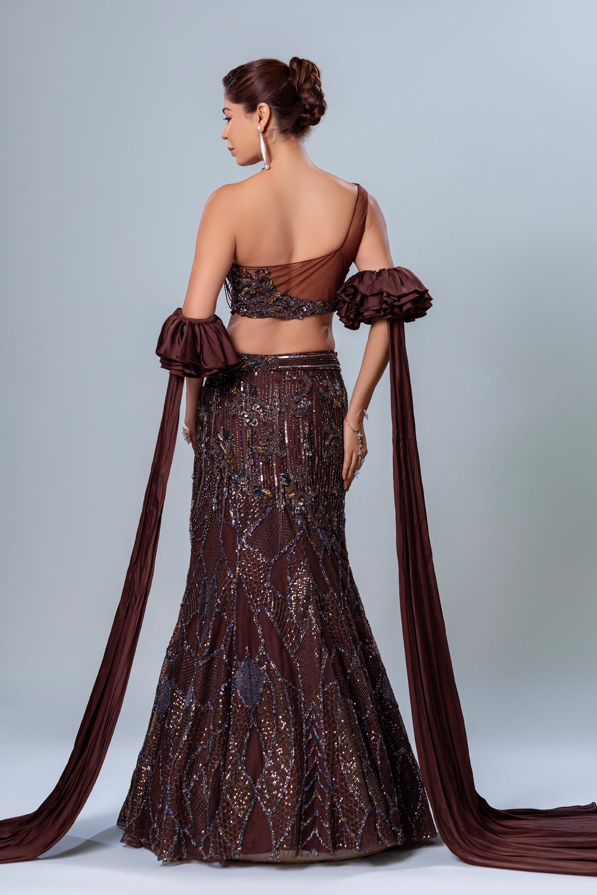 Fishcut skirt with short blouse and ruffle dupatta