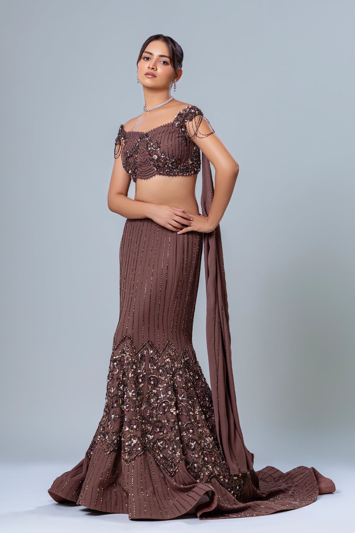 Fishcut skirt with short blouse and dupatta