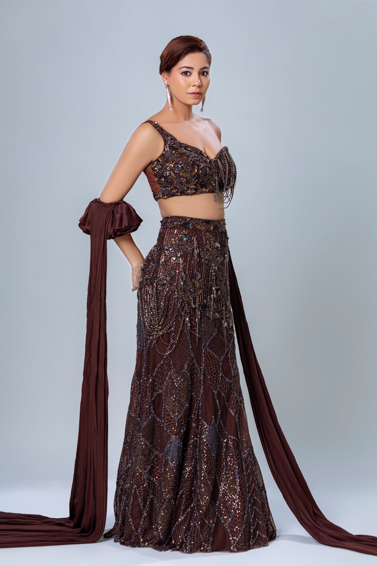 Fishcut skirt with short blouse and ruffle dupatta