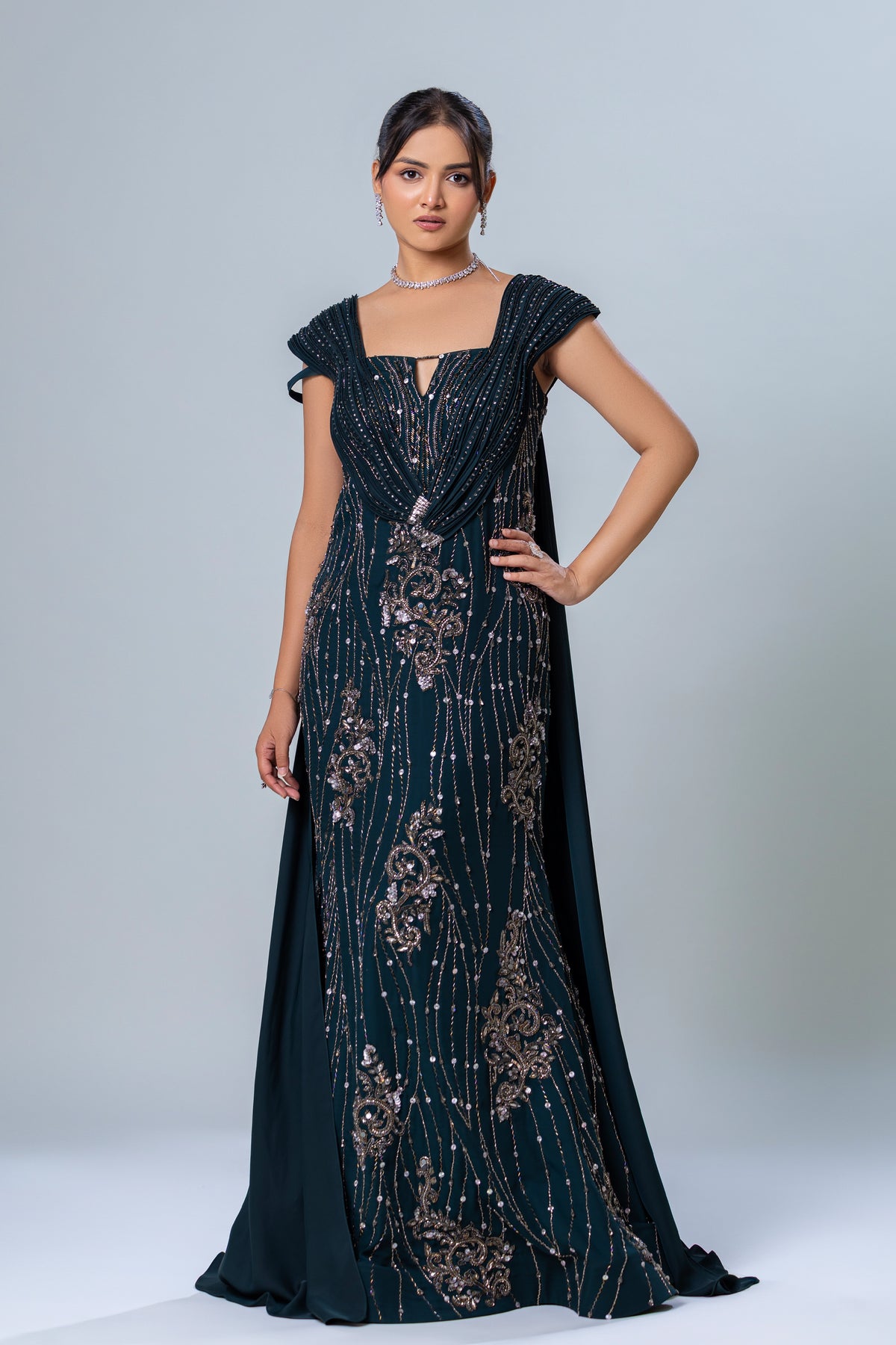 Gown with attached cape