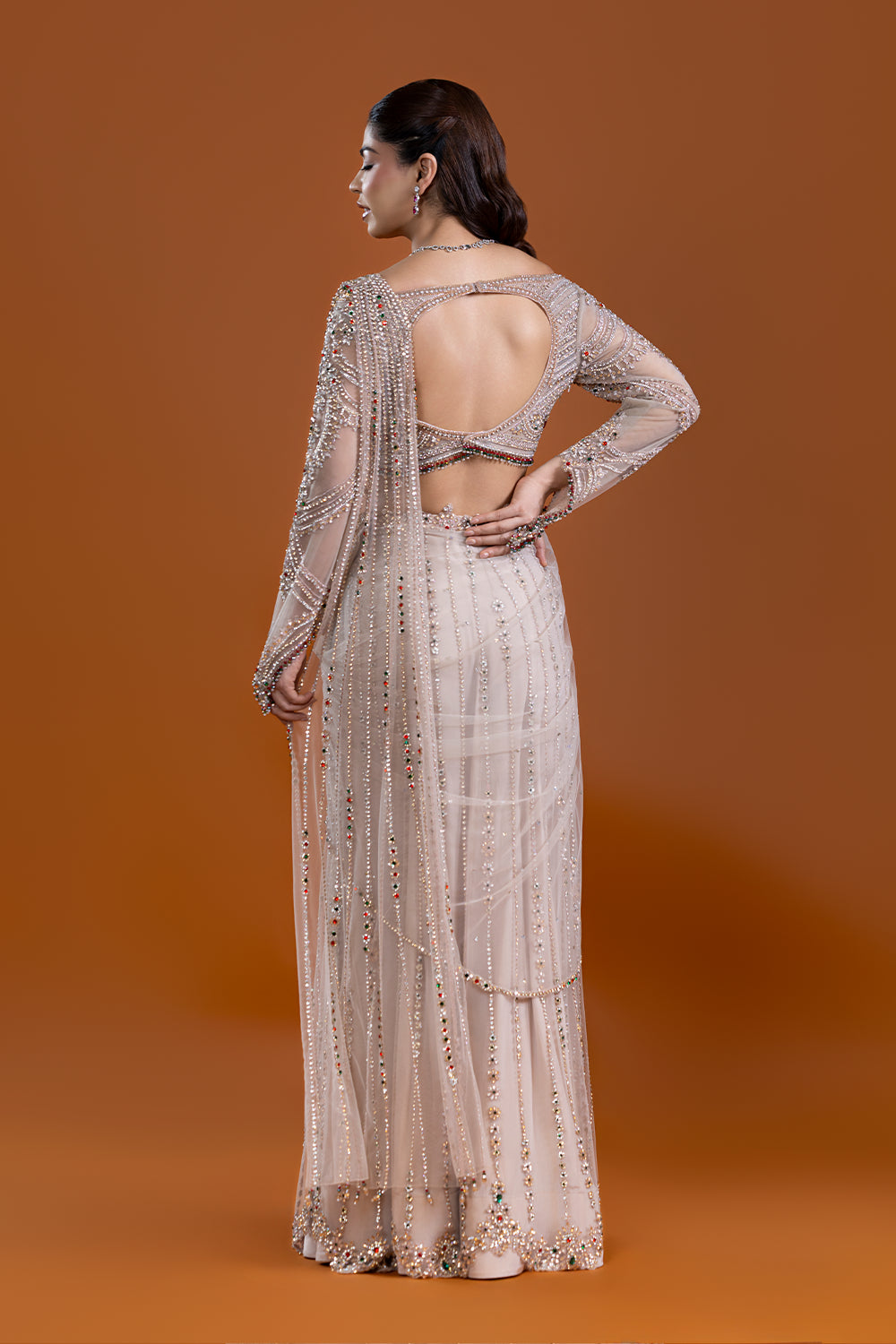Husna Beige Draped Skirt Saree