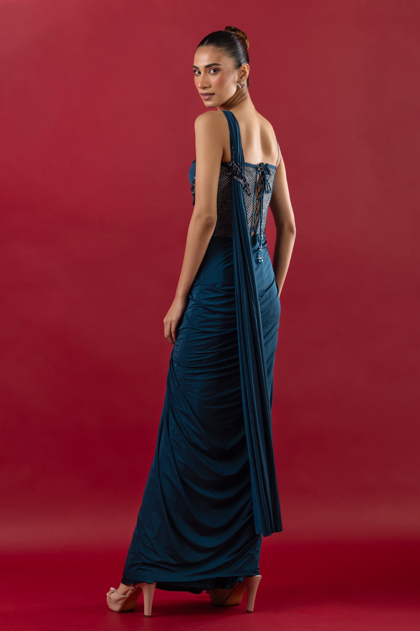 Peacock Blue Lycra Drape Saree With Cutdana
