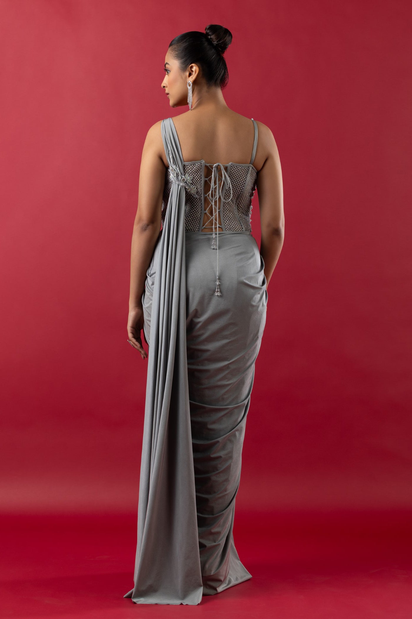Grey Lycra Drape Saree With Resham Cutdana Work