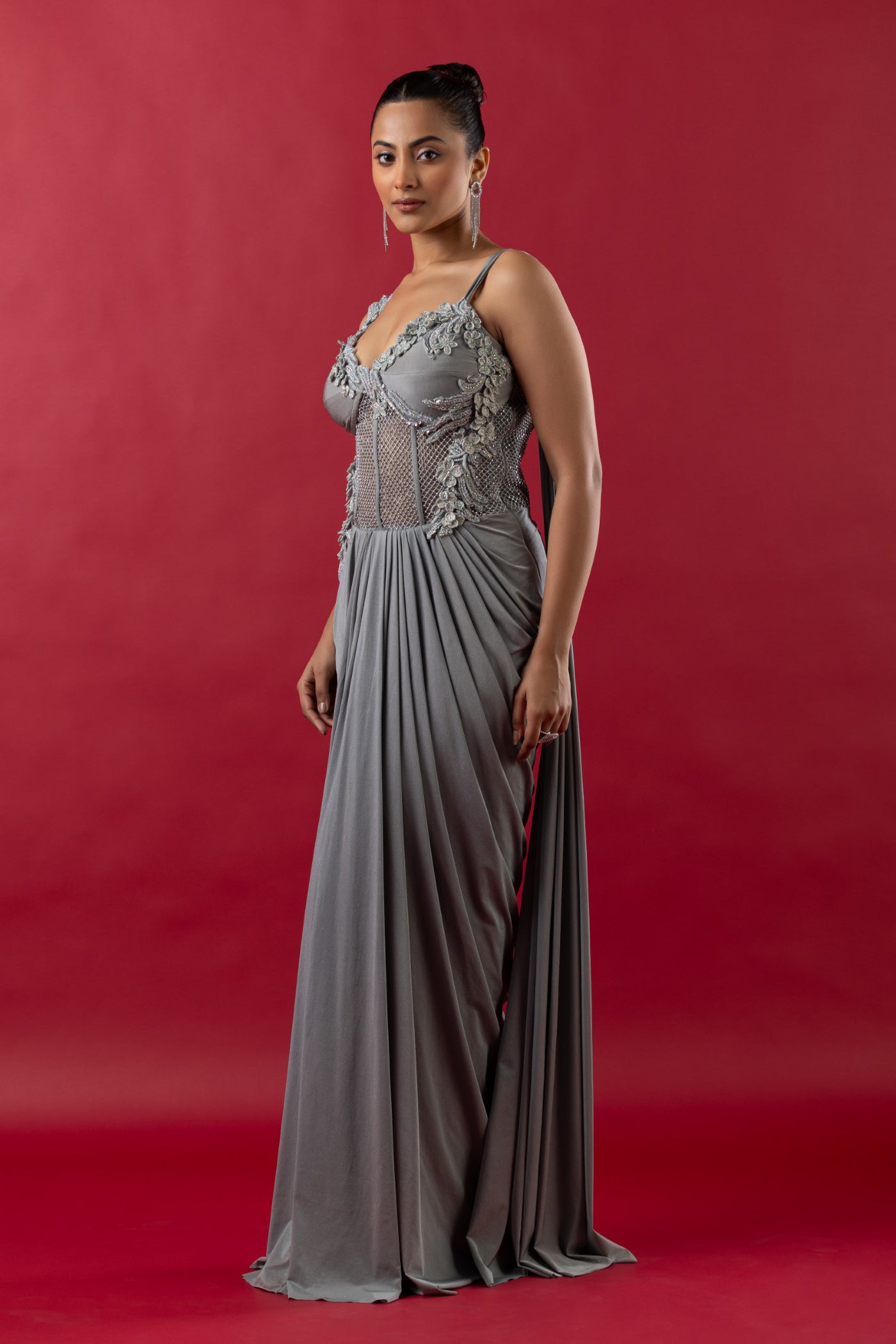 Grey Lycra Drape Saree With Resham Cutdana Work