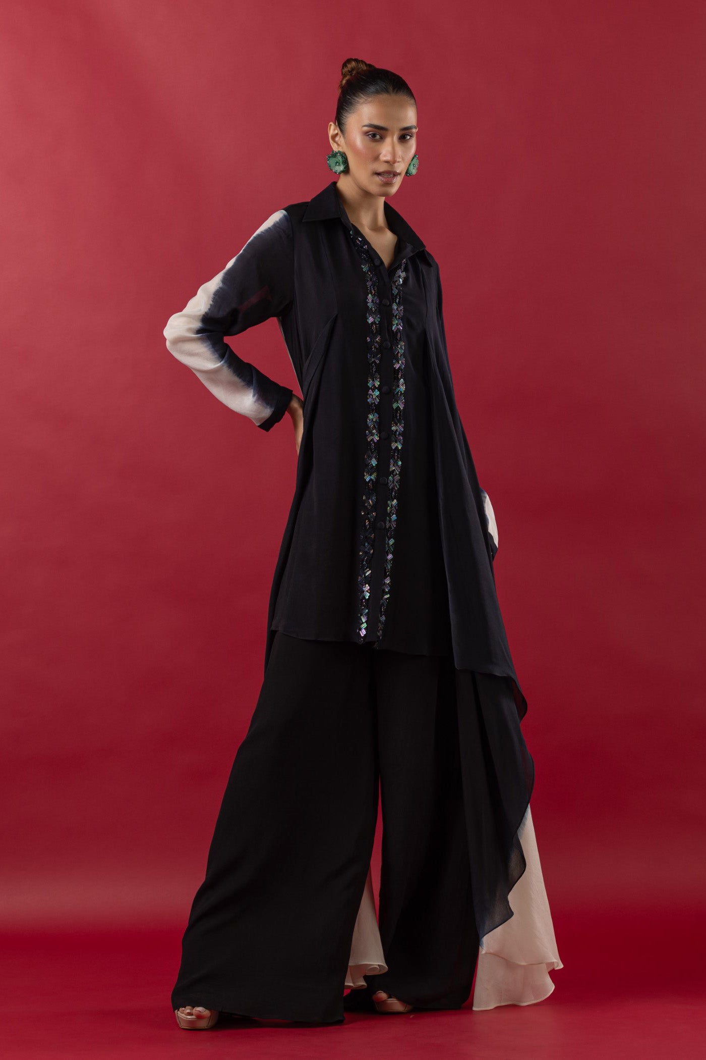 Black Mettalic Long Shirt and Pallazo set