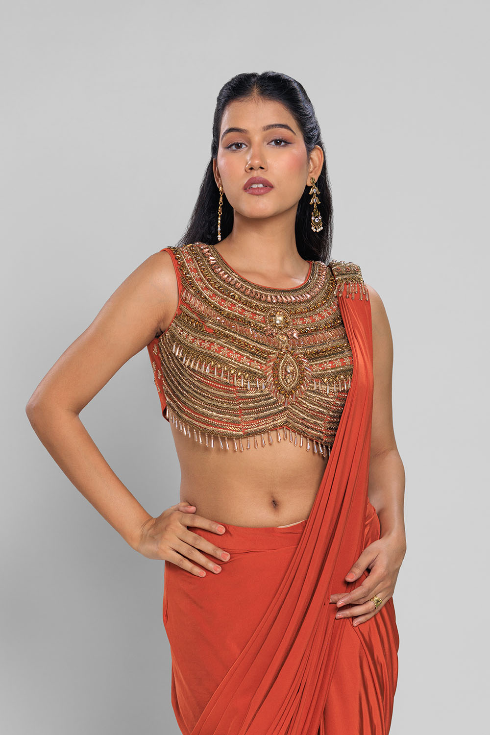 Ruhani Rust Drape Saree