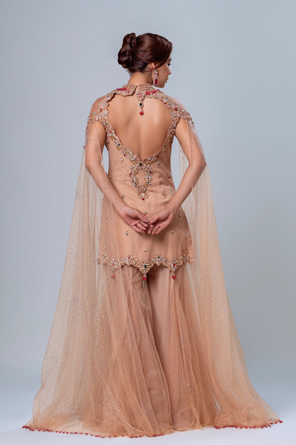 Saya Beige Falling-Sleeve Gharara Set