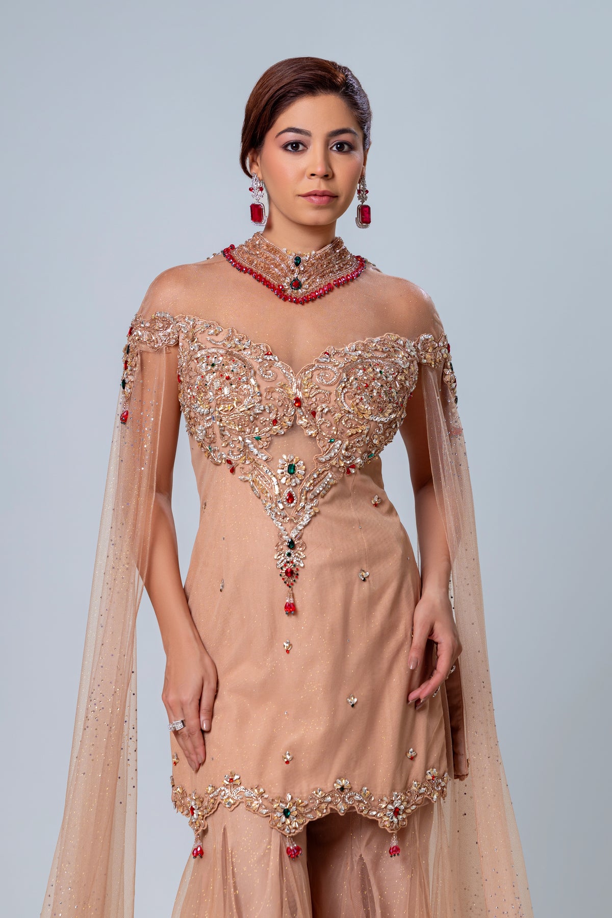 Saya Beige Falling-Sleeve Gharara Set