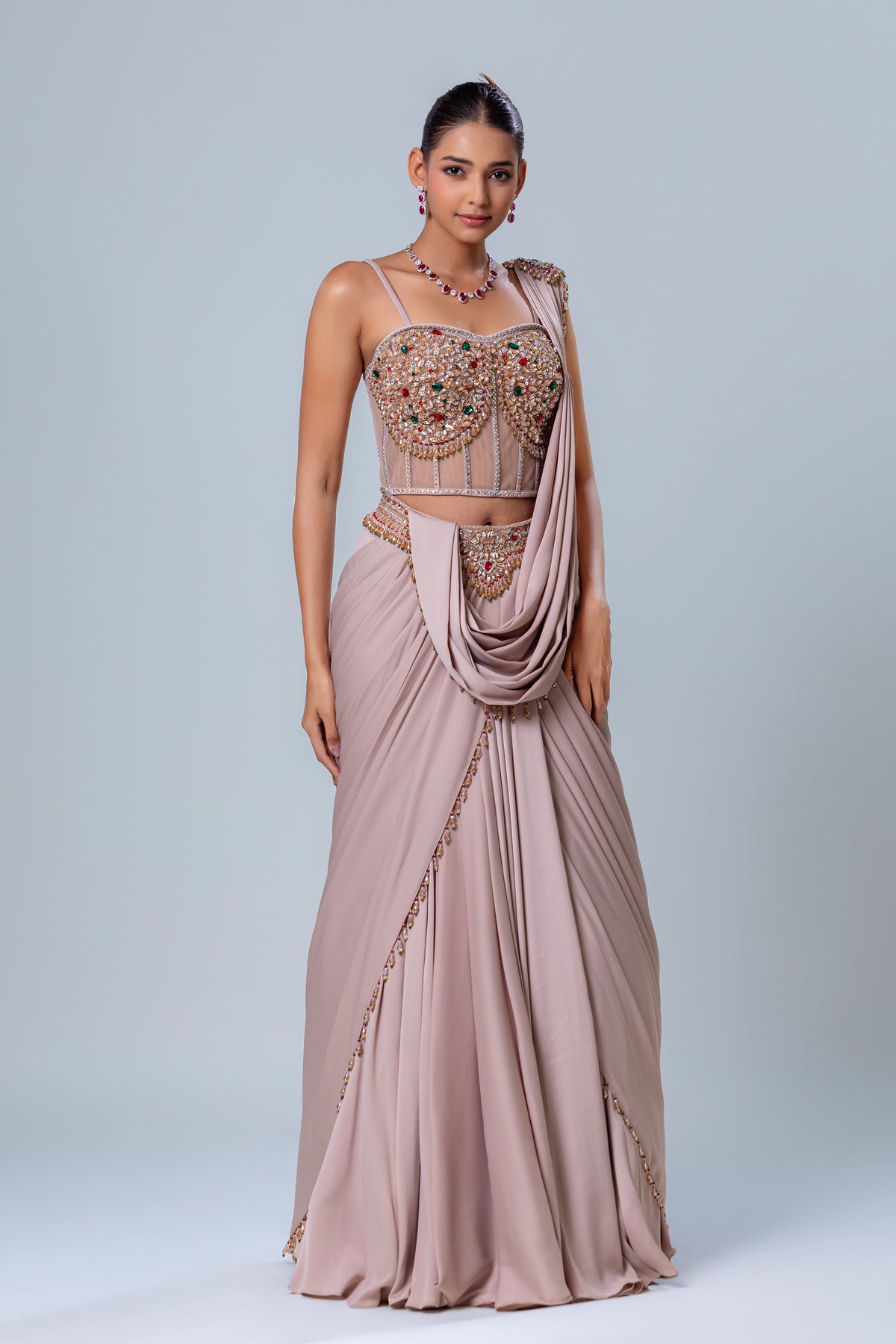 Shanaya Beige Corset Drape Saree