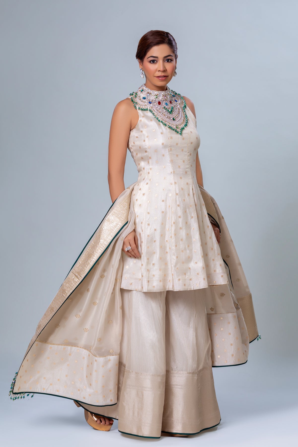 Diya Ivory Tissue Palazzo Suit, Roop Vatika by Raj Arora