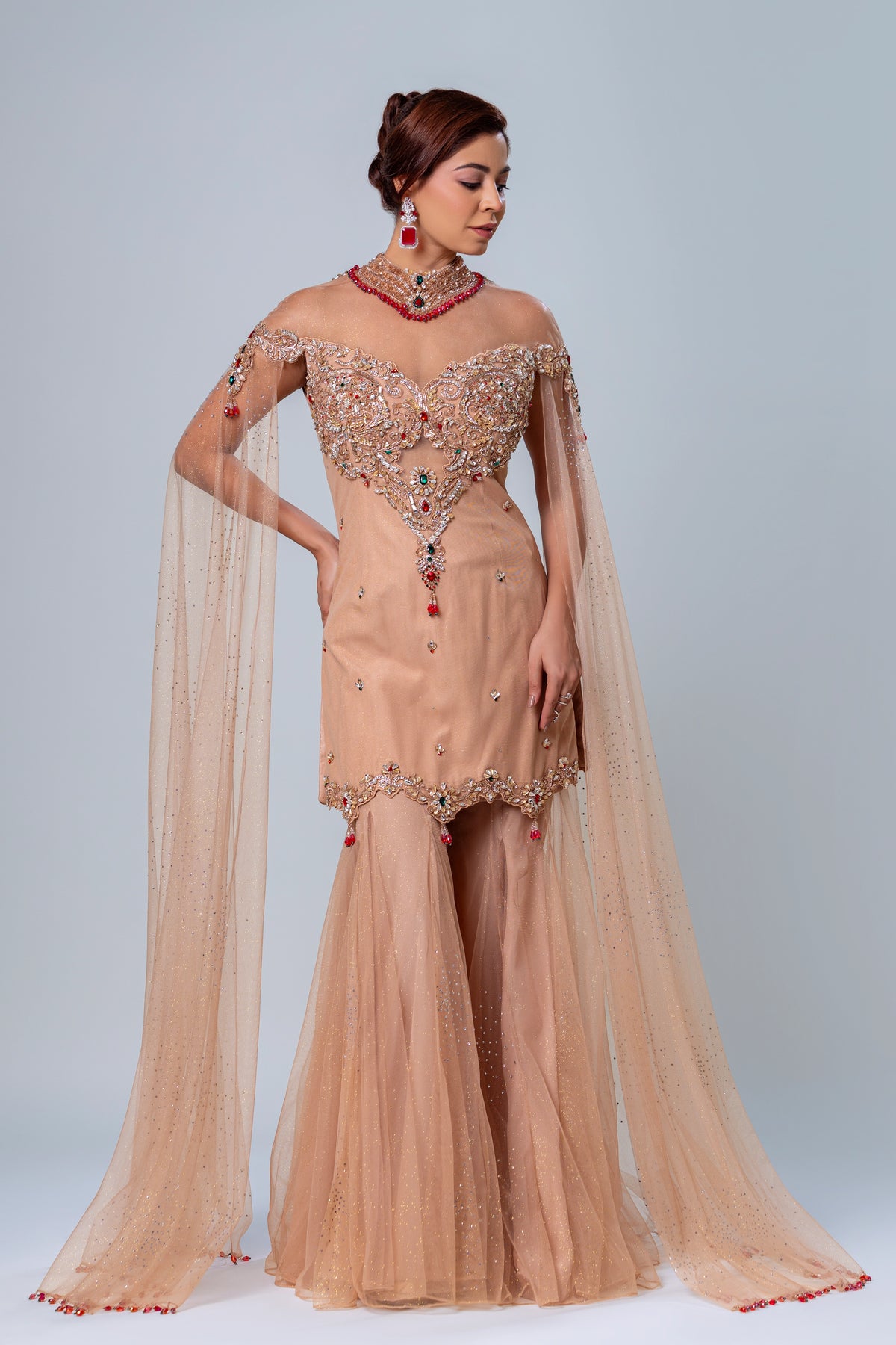 Saya Beige Falling-Sleeve Gharara Set