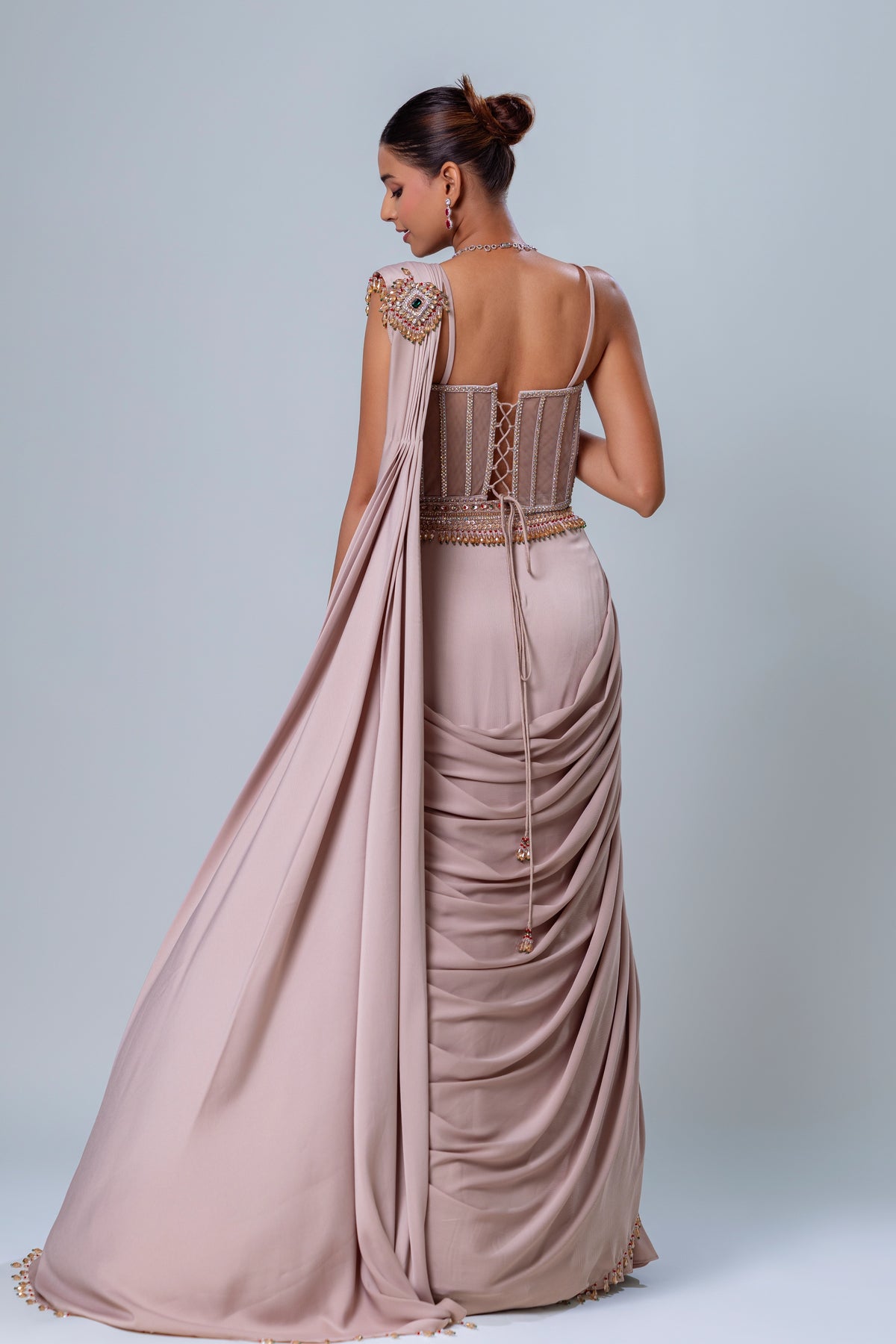 Shanaya Beige Corset Drape Saree