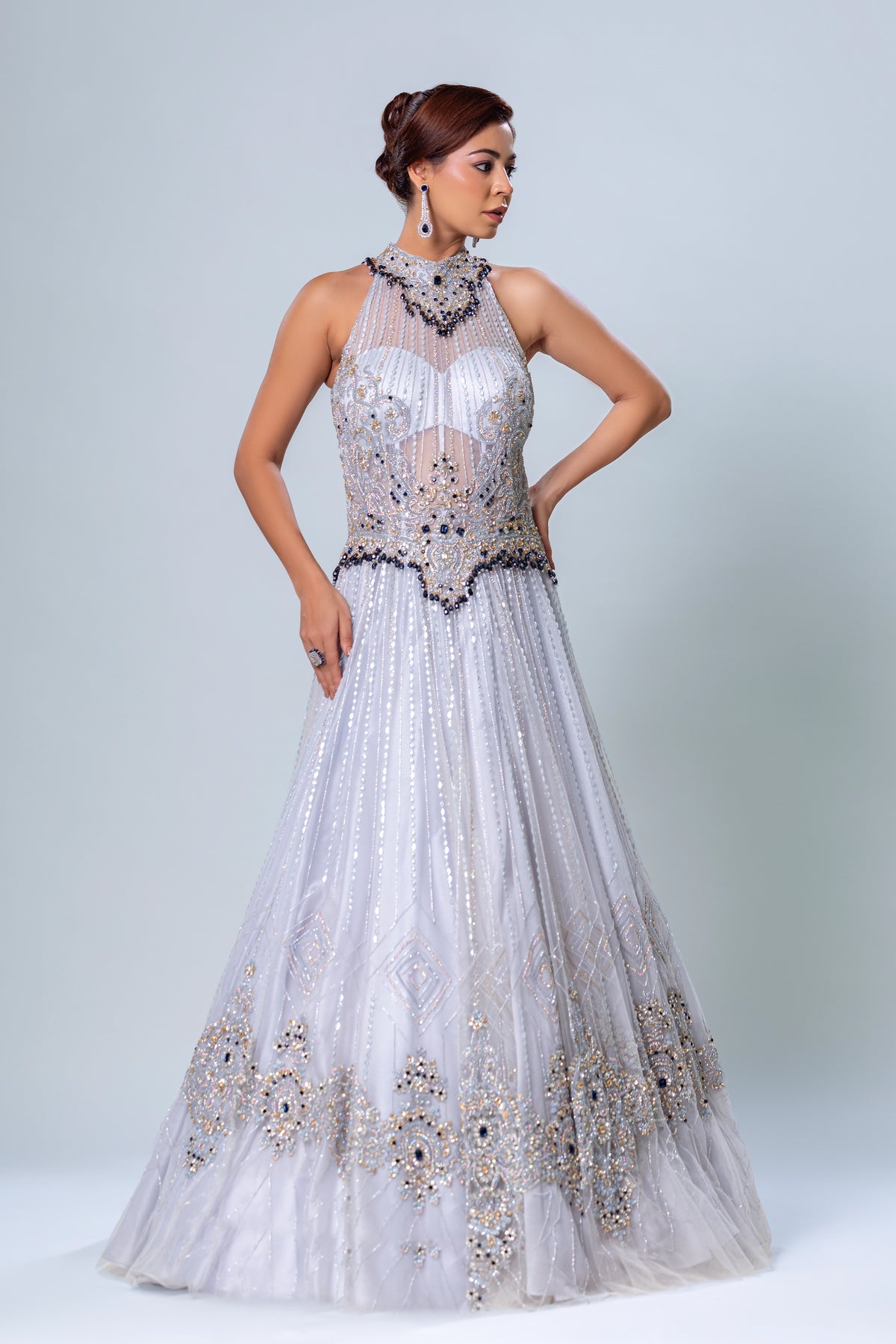 Nishat Ice Blue Metallic A-Line Gown, Roop Vatika by Raj Arora